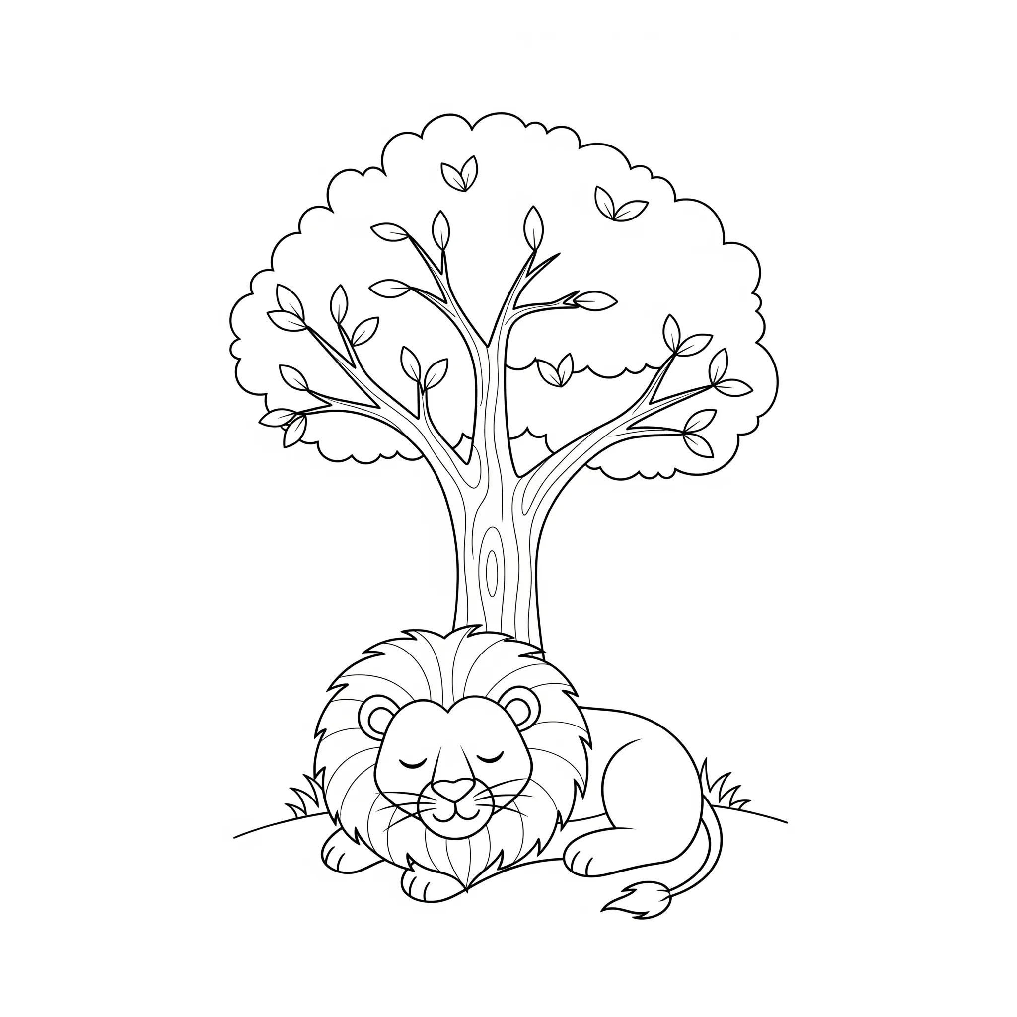 coloriage Un lion dormant sous un arbre de pour enfants