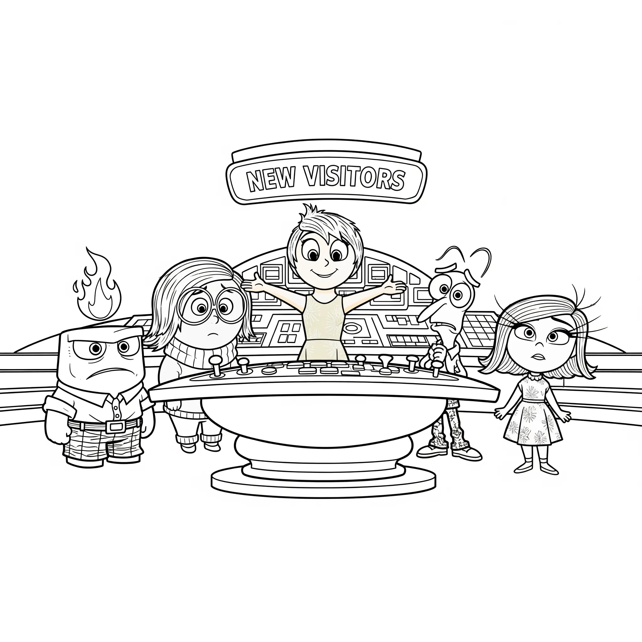 coloriage Le QG des émotions avec un panneau Nouveaux Visiteurs pour enfant de 6 ans