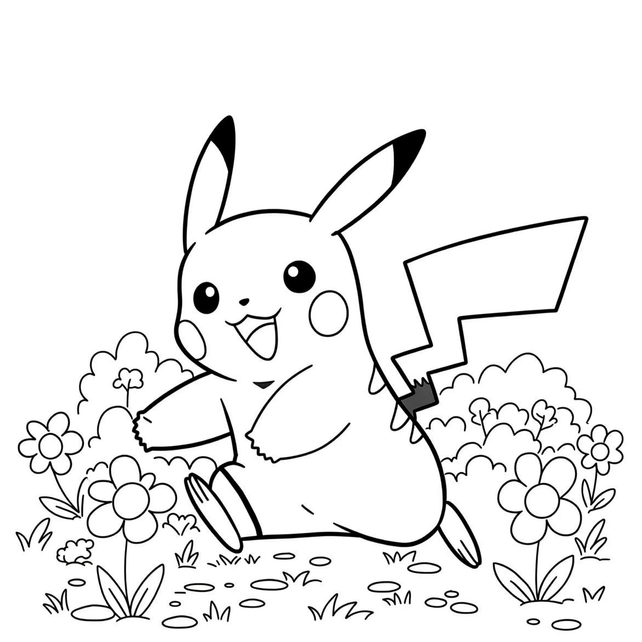 coloriage Pikachu qui court dans un champ de fleurs a telecharger