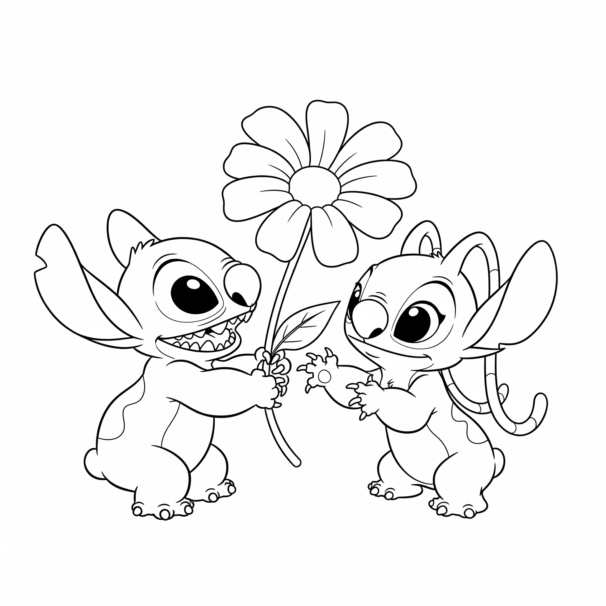 coloriage Stitch et Angel jouant avec une fleur à imprimer gratuitement