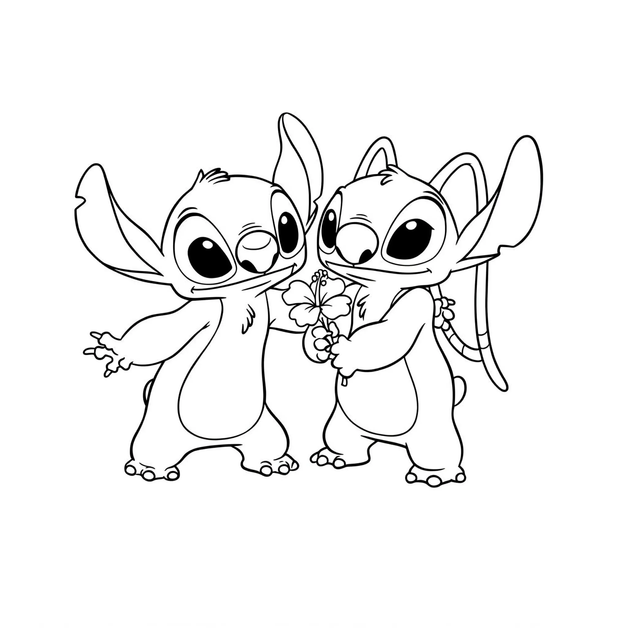 coloriage Stitch et Angel tenant une fleur gratuit à imprimer