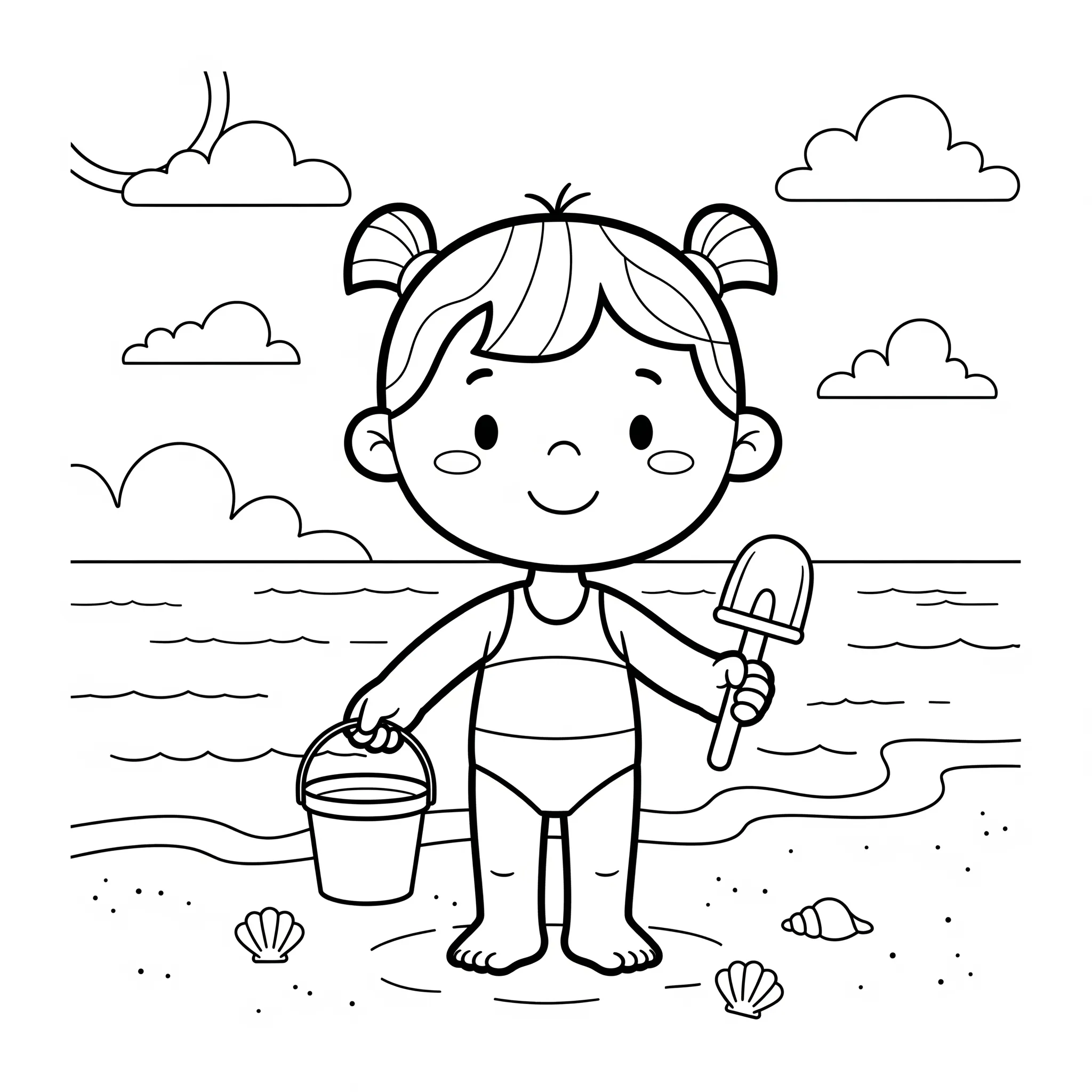 coloriage Adèle avec son seau et sa pelle à la plage pour enfant de 6 ans