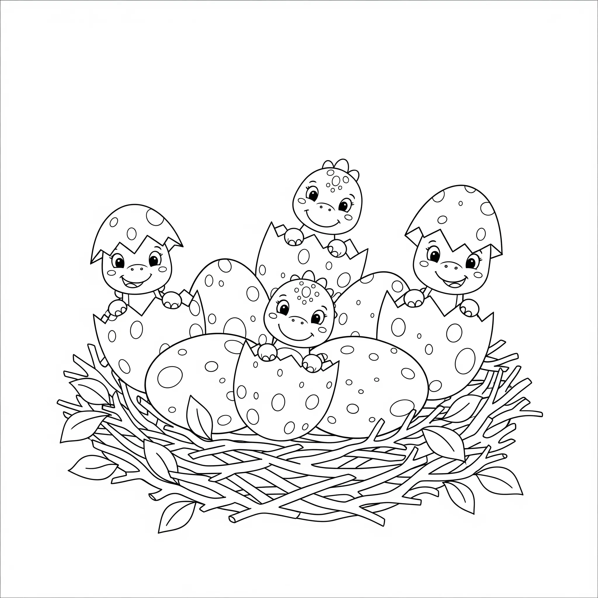 coloriage Des œufs de dinosaures éclosant dans un nid et découpage à imprimer