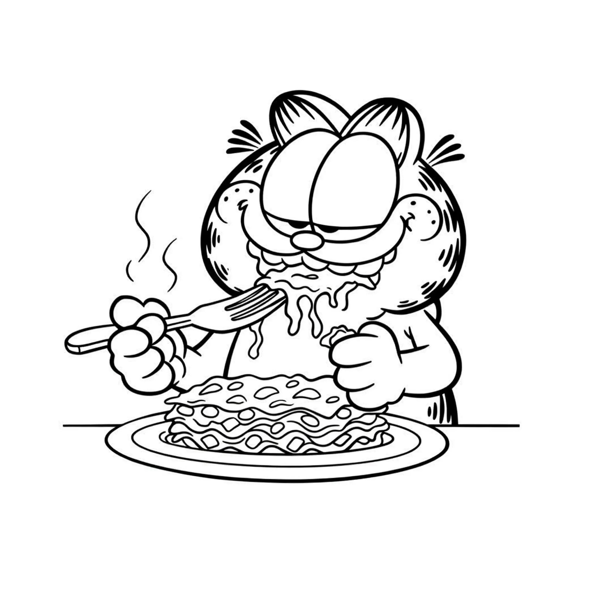 coloriage Garfield mangeant une lasagne à imprimer pour enfant de 3 ans
