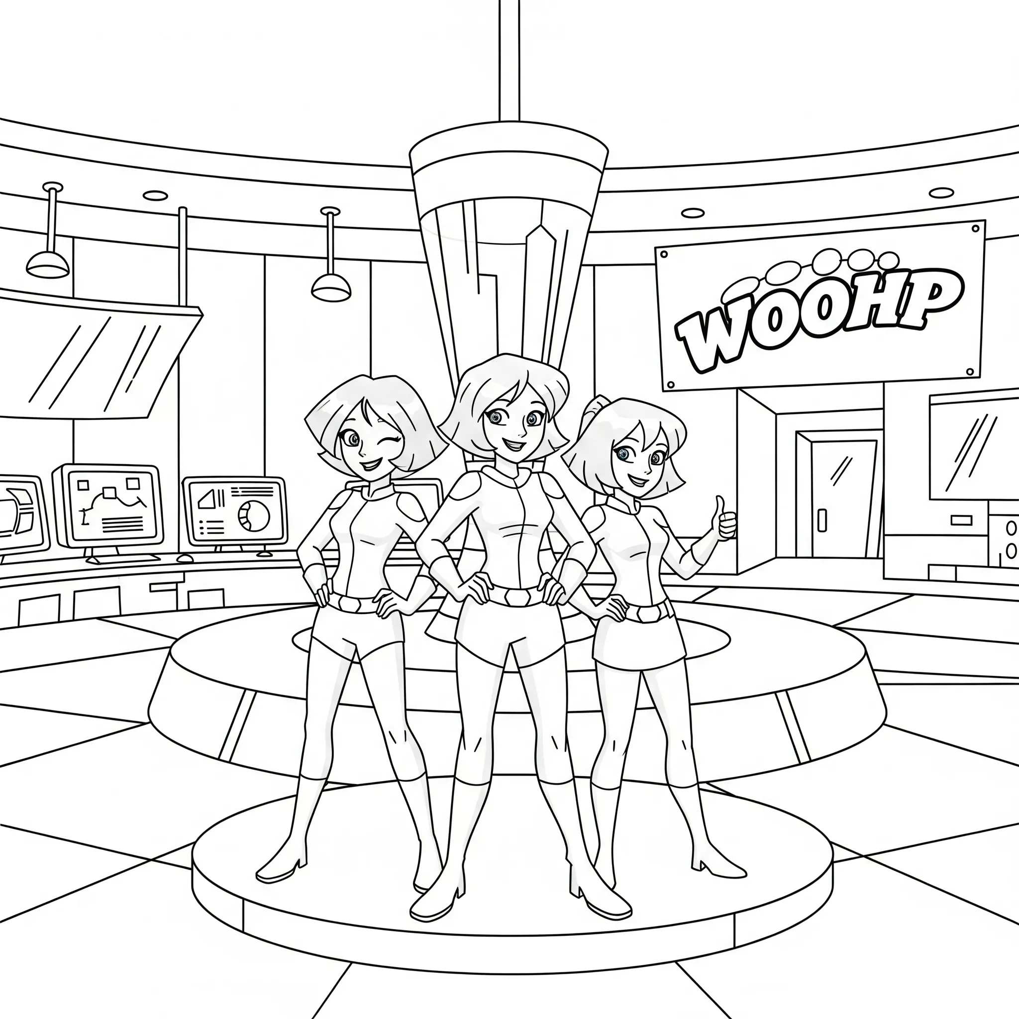 coloriage Les trois Spies au WOOHP pour enfant de 5 ans