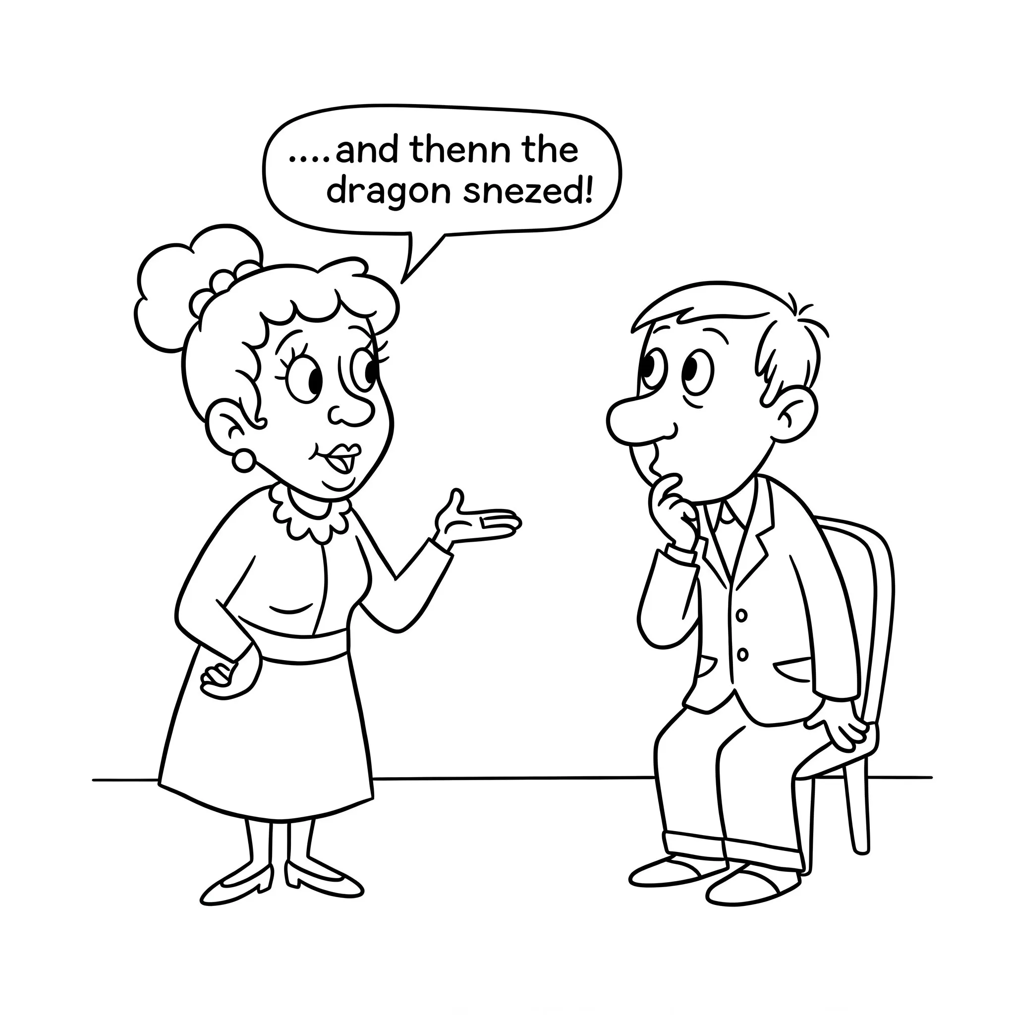 coloriage Madame Bavarde raconte une histoire à Monsieur Silencieux à imprimer pour enfant de 6 ans