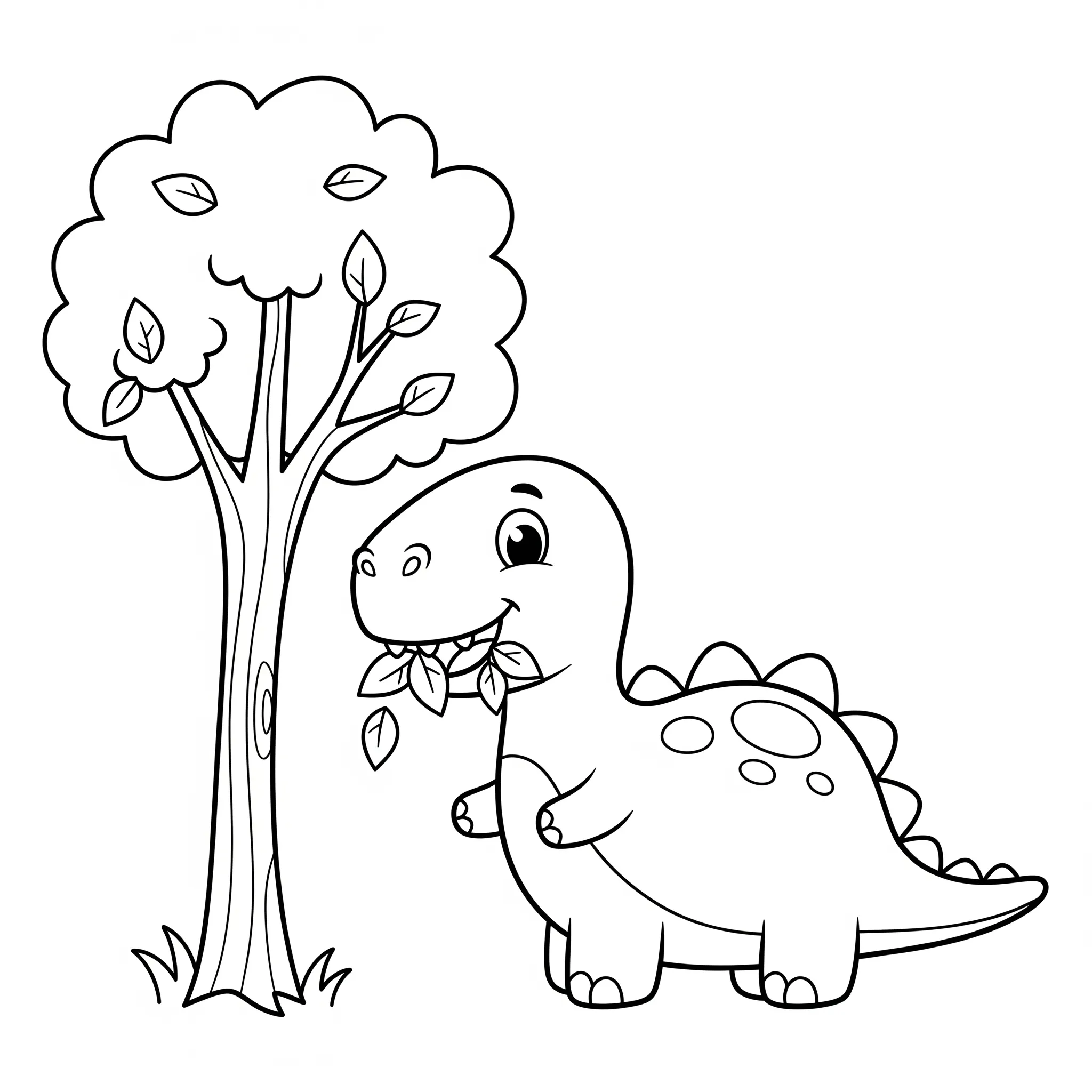 a imprimer coloriage Un dinosaure amical mangeant des feuilles d’un arbre gratuit