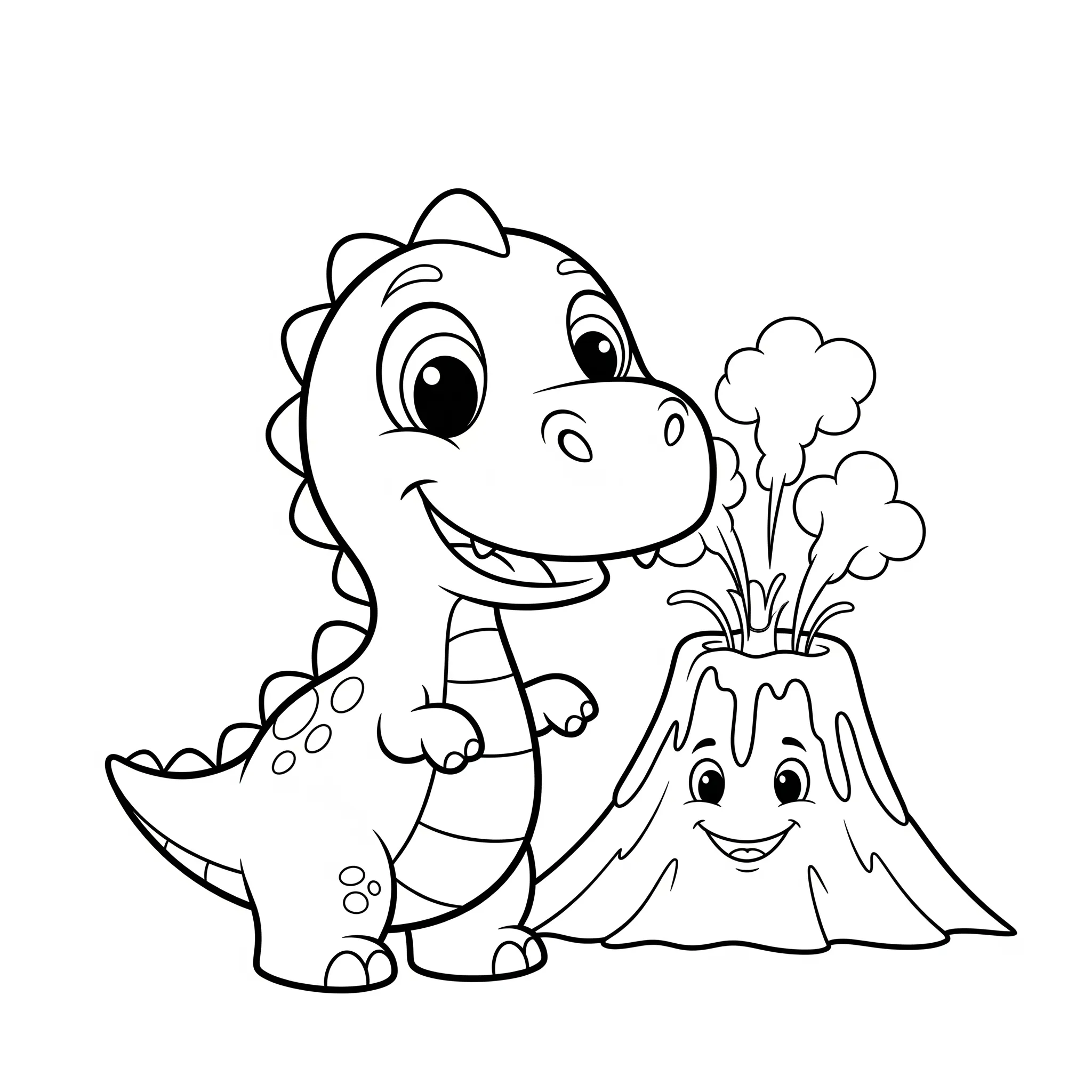 coloriage Un dinosaure et un volcan joyeux à imprimer pour enfant de 7 ans