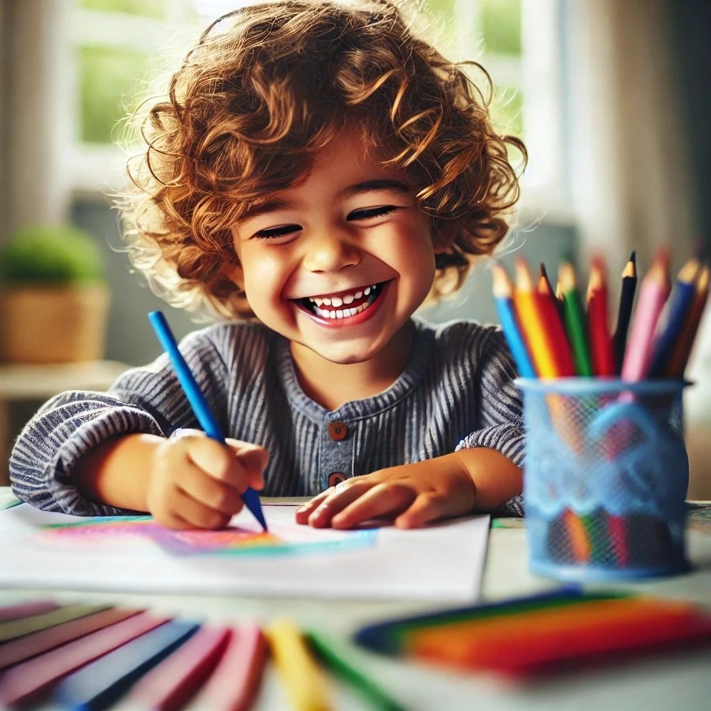 Enfant heureux coloriant avec des crayons à imprimer gratuit