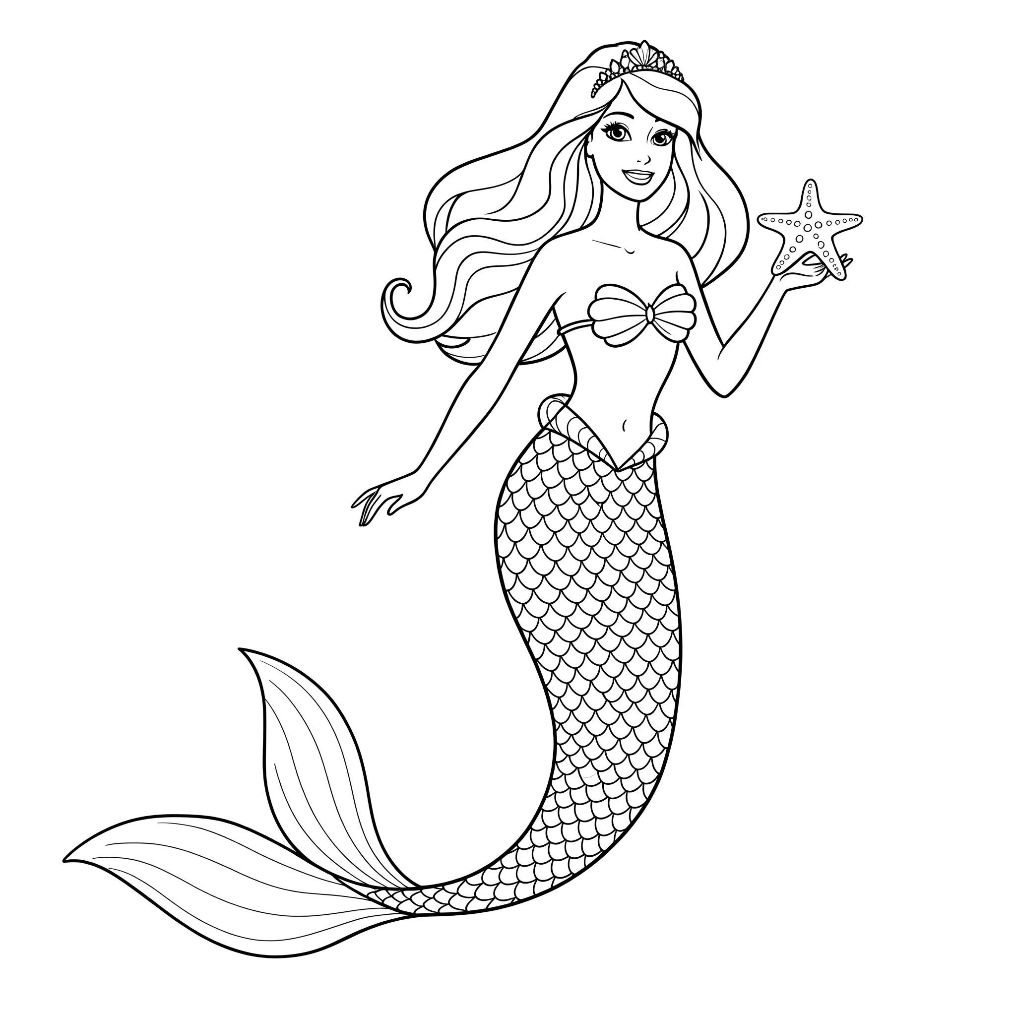 coloriage Barbie Sirène avec une étoile de mer pour enfant de 7 ans