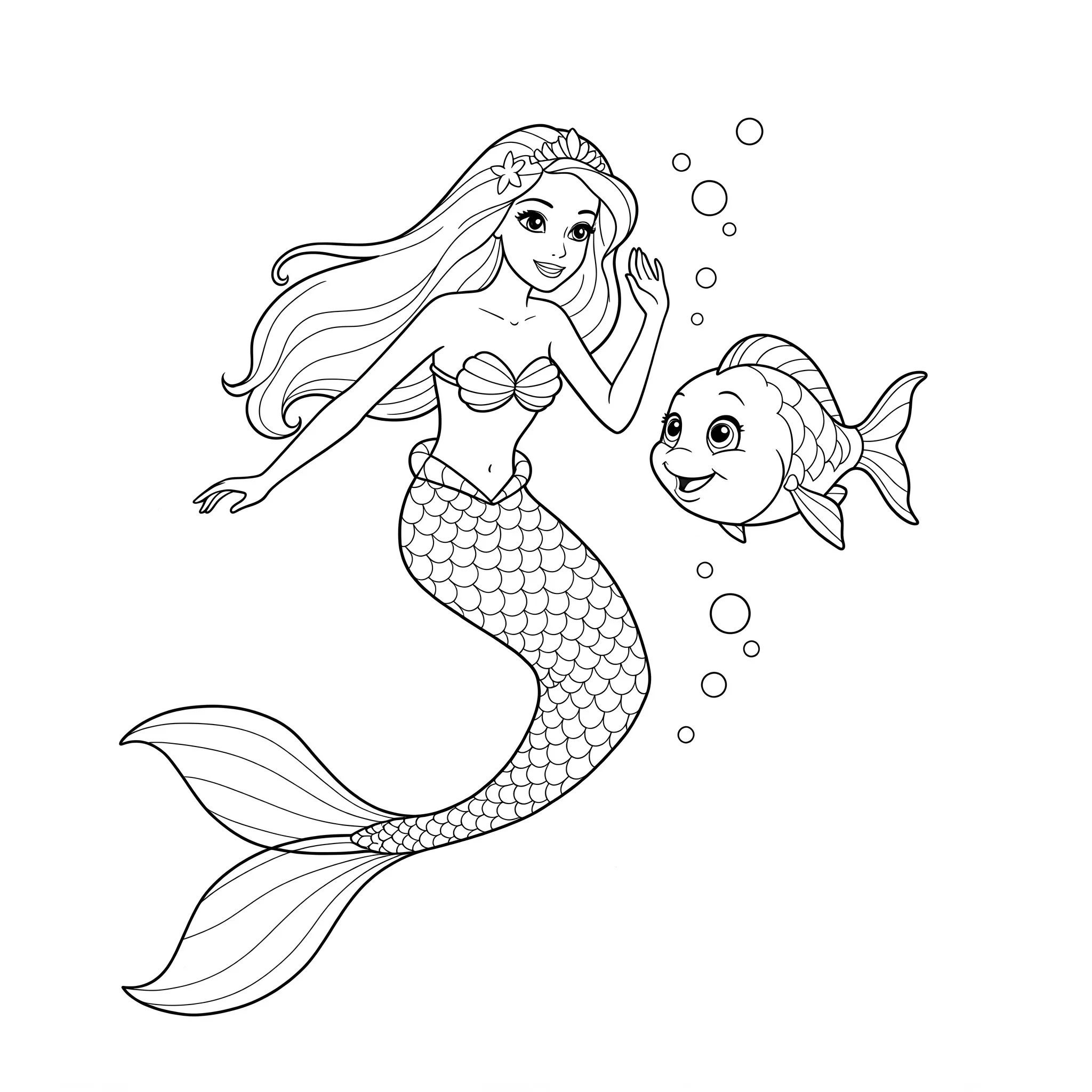 coloriage Barbie Sirène et son ami poisson pour enfant de 3 ans