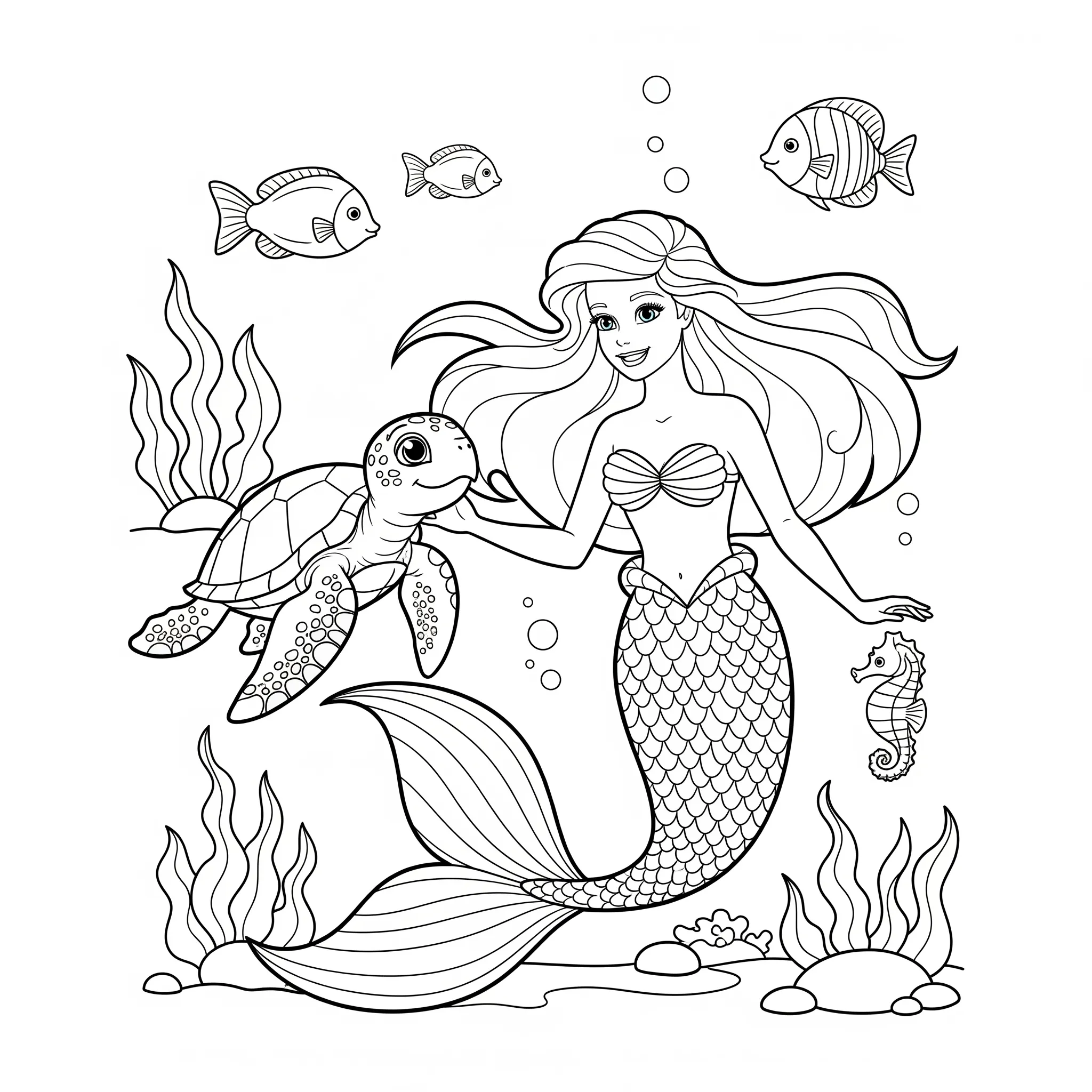 coloriage Barbie sirène et sa meilleure amie, la tortue à imprimer pour enfant de 3 ans