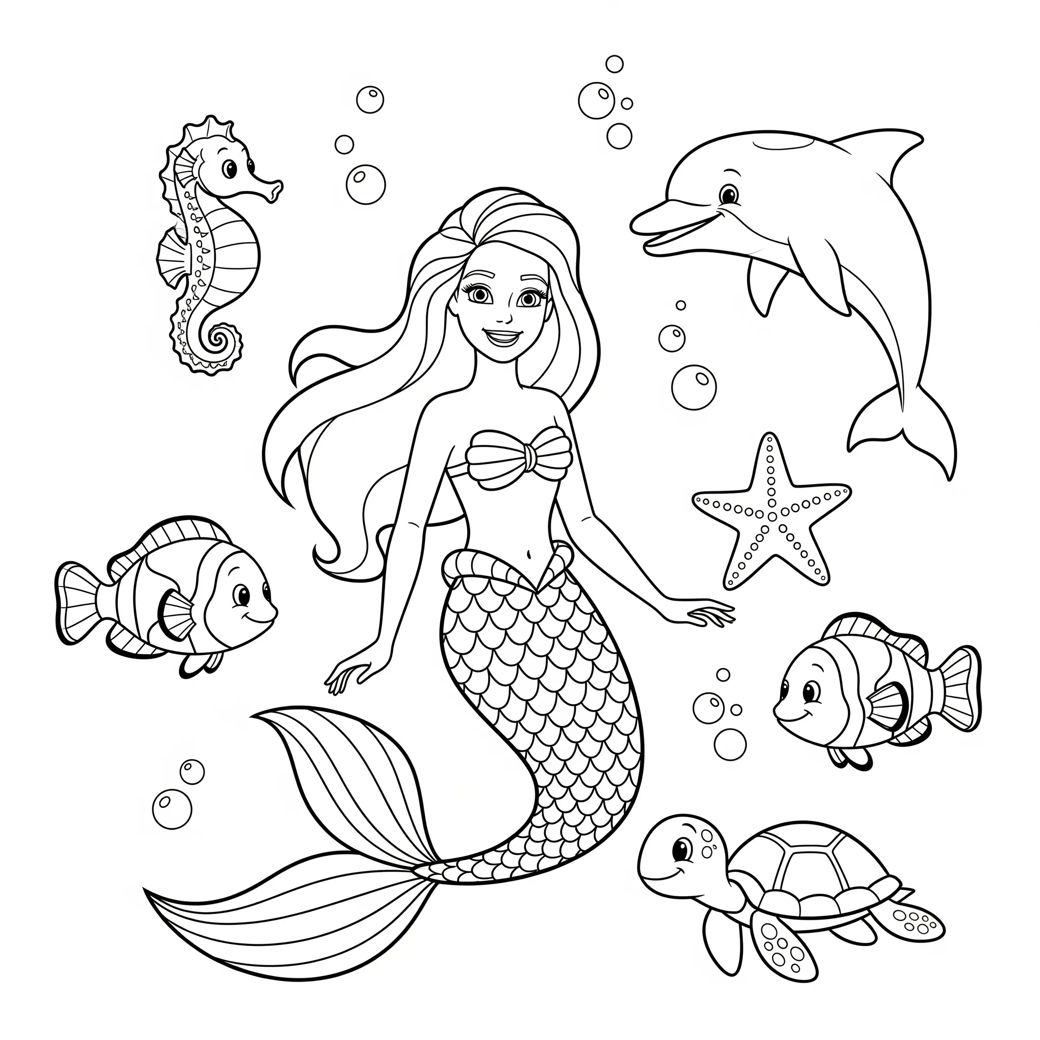 imprimer coloriage Barbie sirène et ses amis des fonds marins