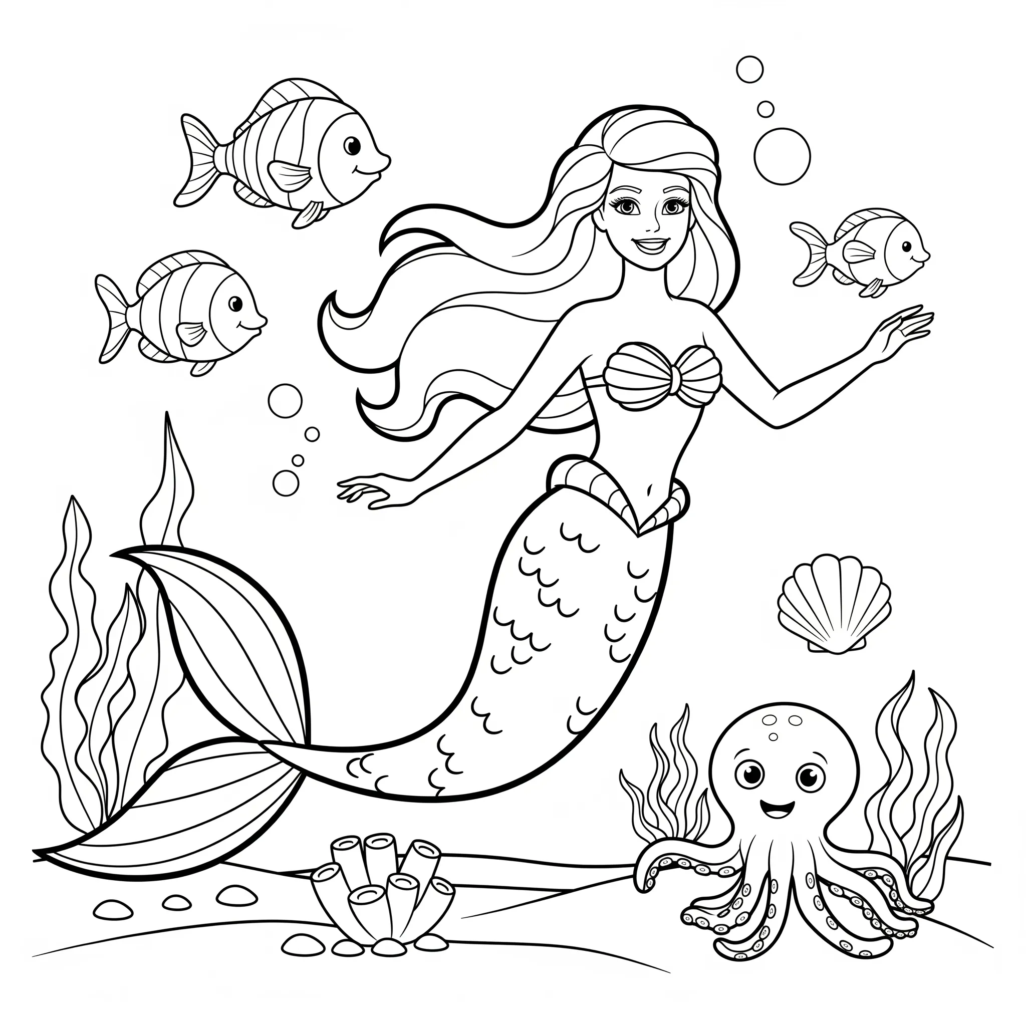 image de coloriage Barbie sirène sous l’océan pour enfant