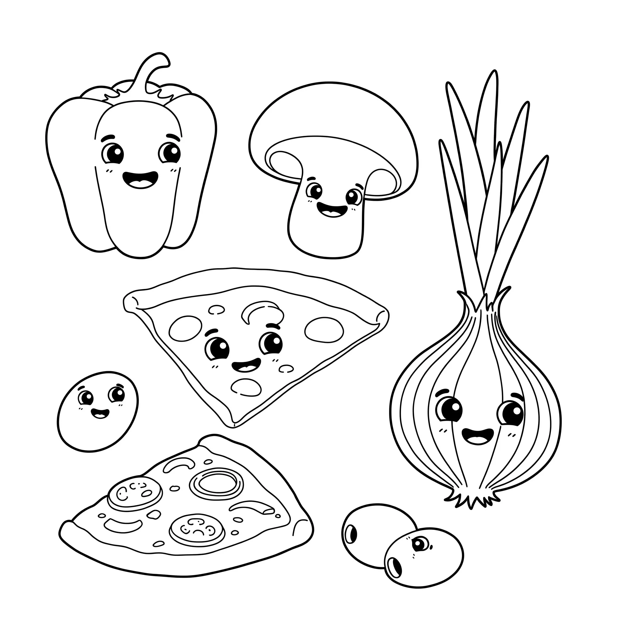 coloriage Des ingrédients de pizza rigolos pour enfants a imprimer gratuit