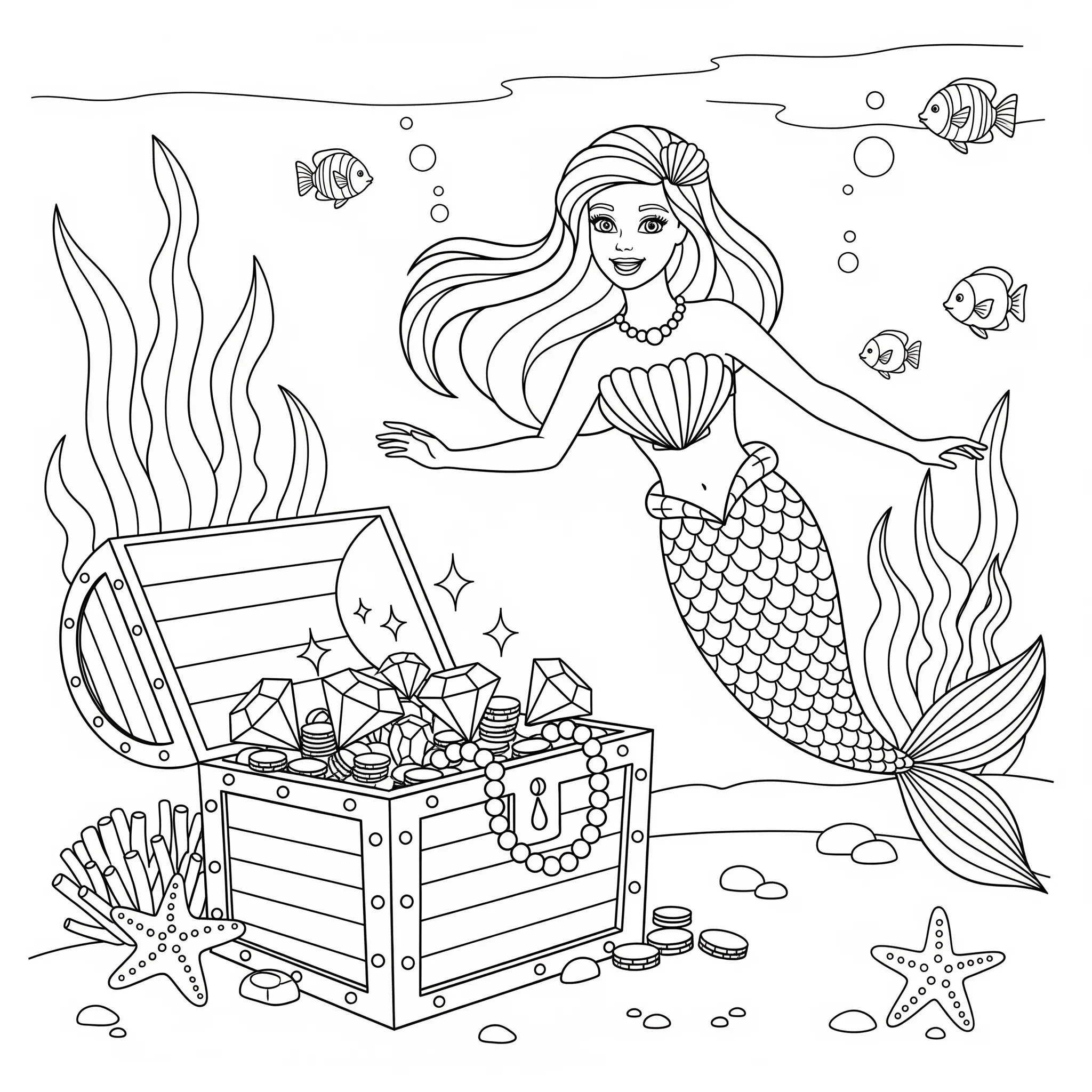 coloriage Le coffre au trésor de Barbie sirène à imprimer pour enfant de 7 ans