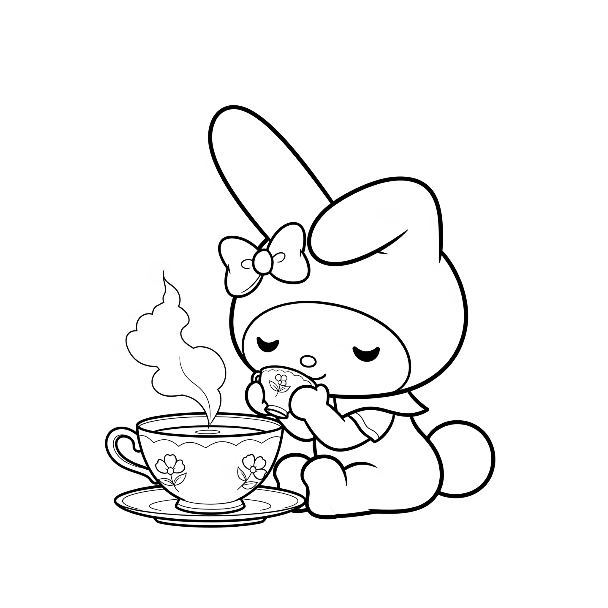 coloriage My Melody boit du thé pour enfants à télécharger