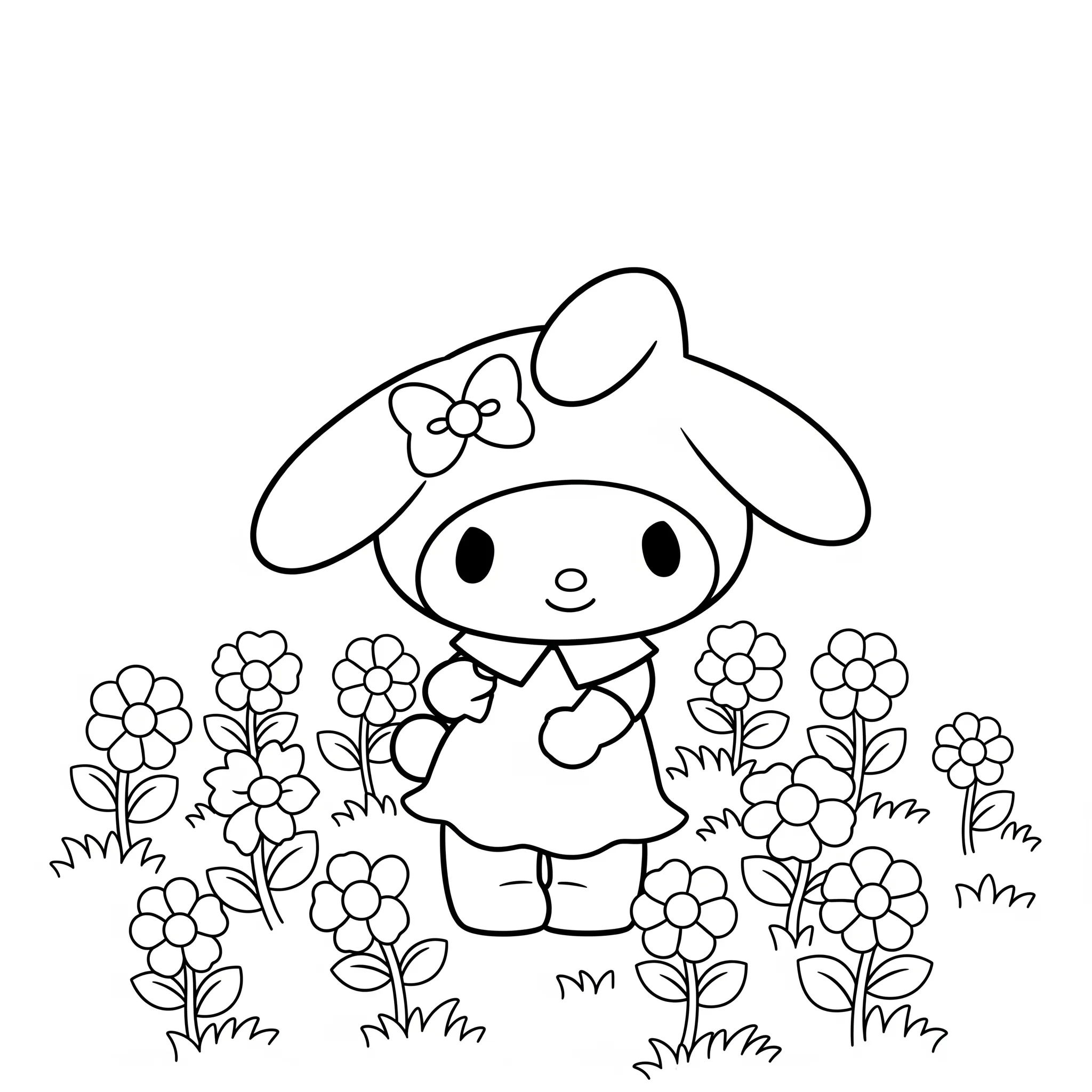 coloriage My Melody dans son jardin fleuri a colorier en ligne gratuitement