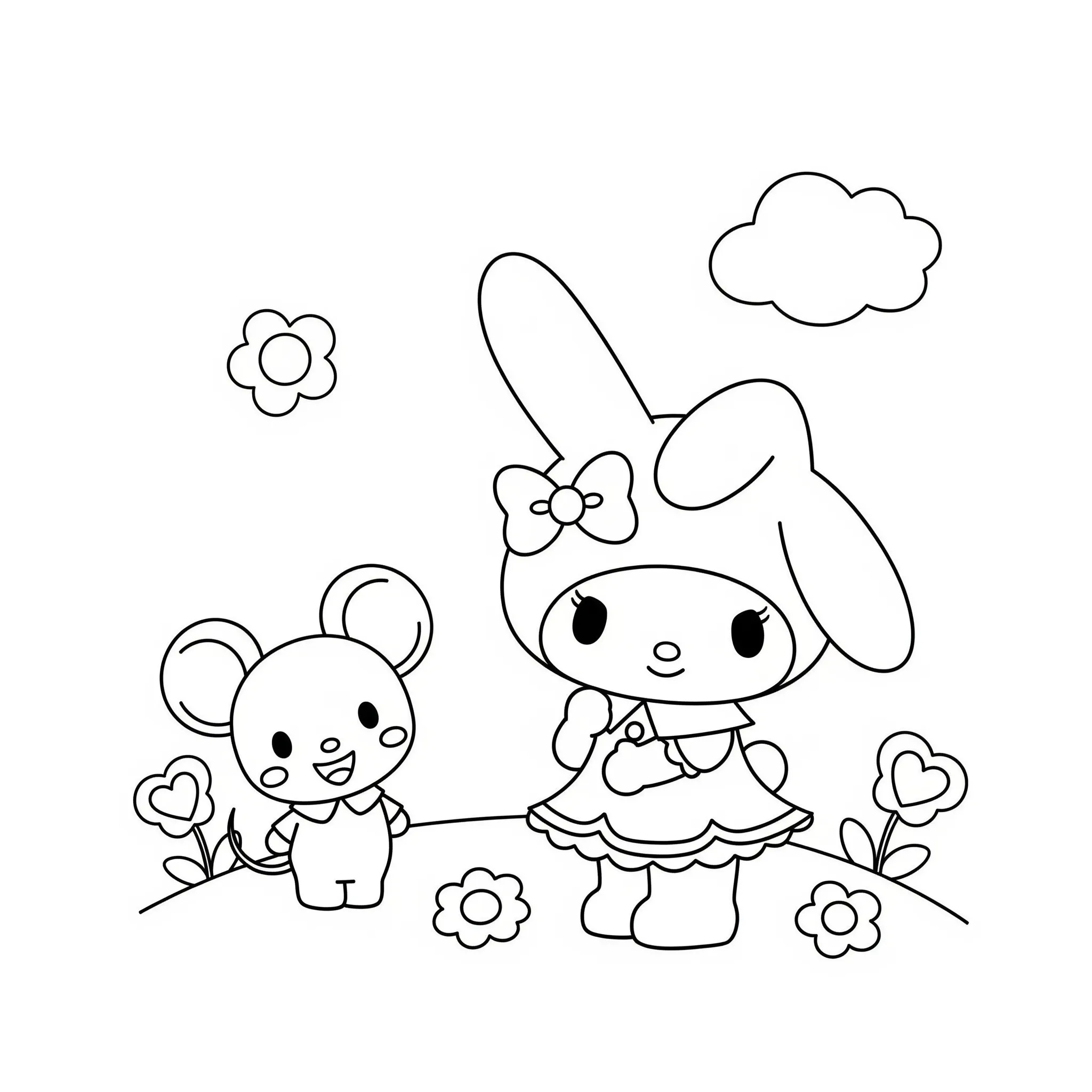 coloriage My Melody et son ami Flat (la souris) gratuit pour enfants