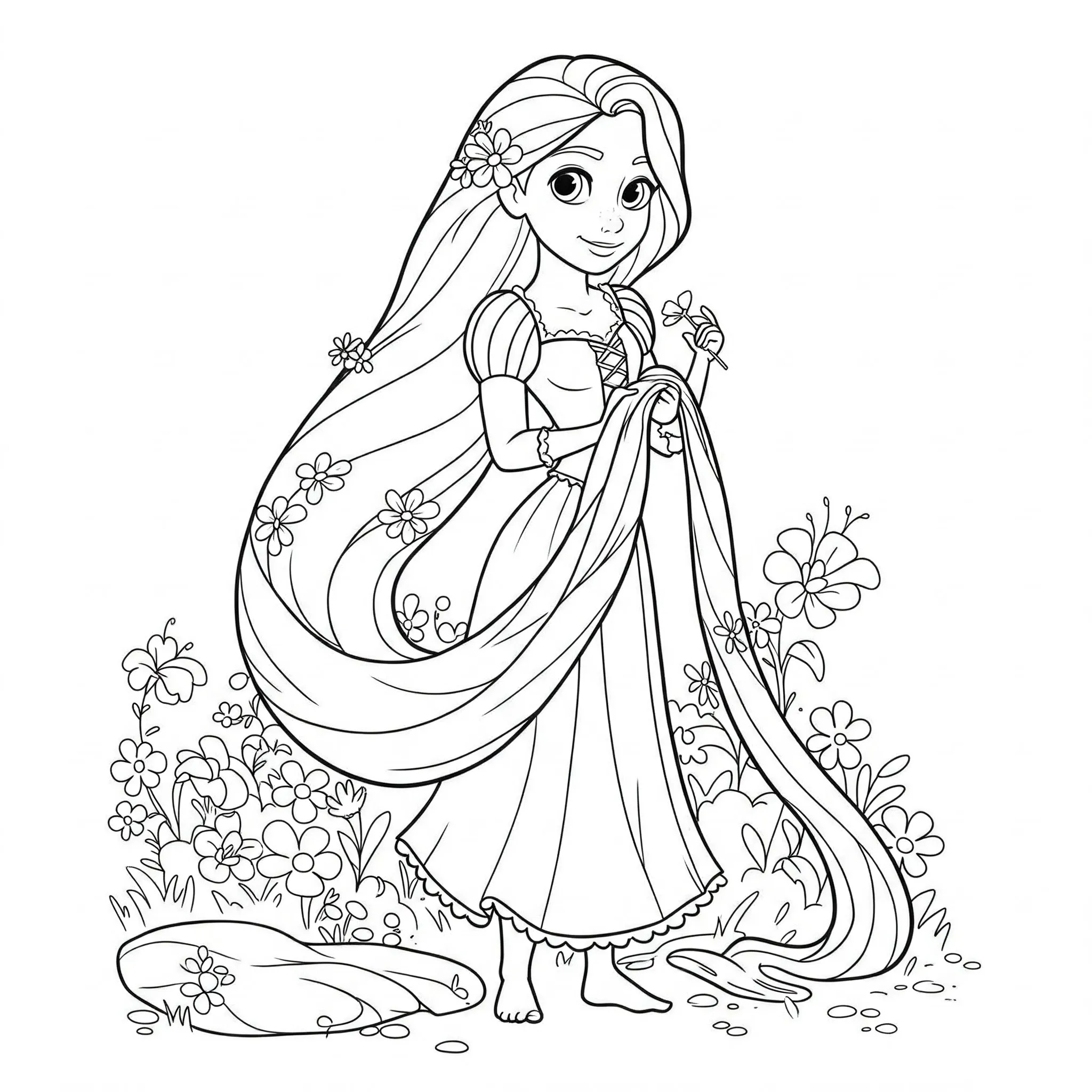 coloriage Raiponce avec une fleur à imprimer pdf