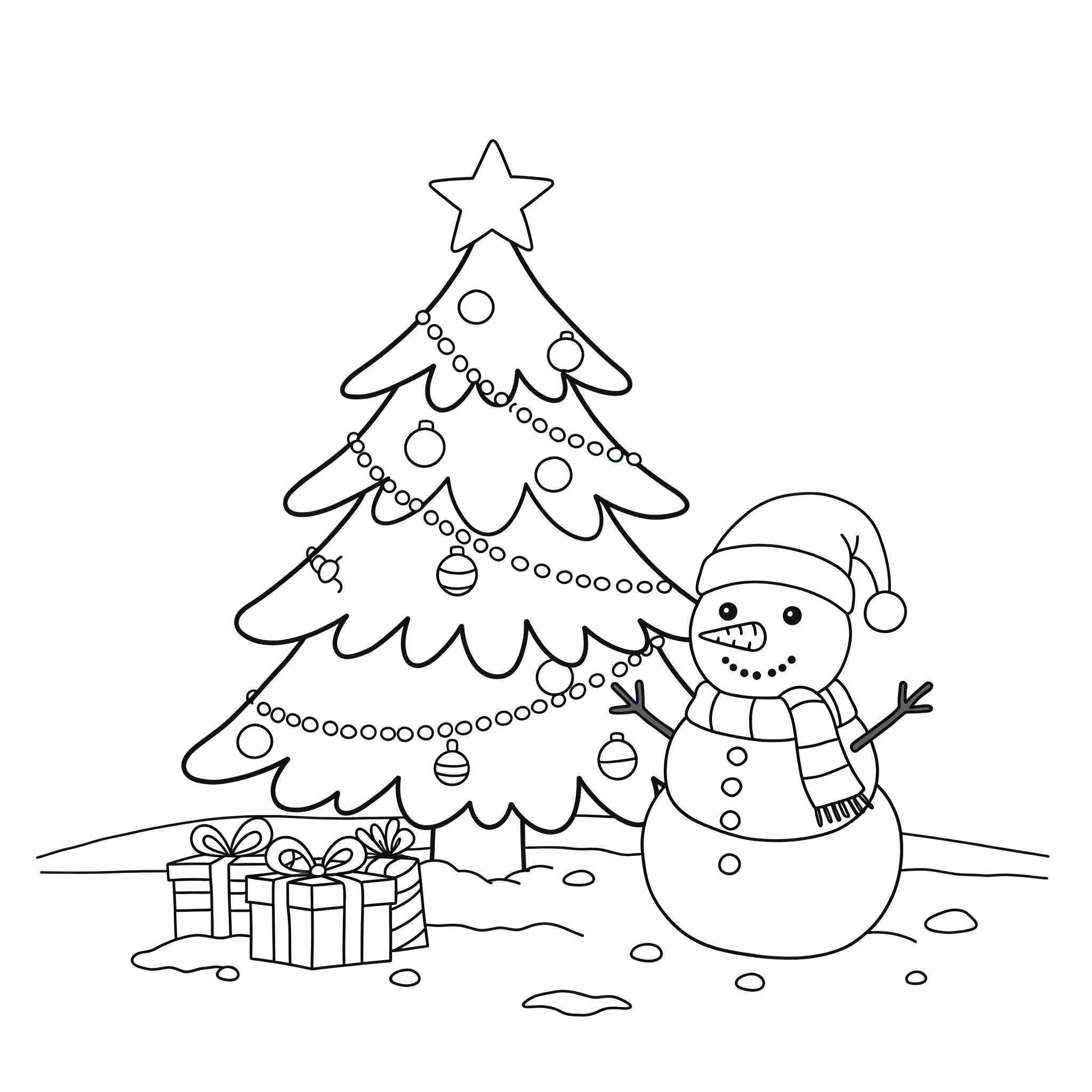 coloriage Sapin de Noël avec un bonhomme de neige a colorier en ligne gratuitement