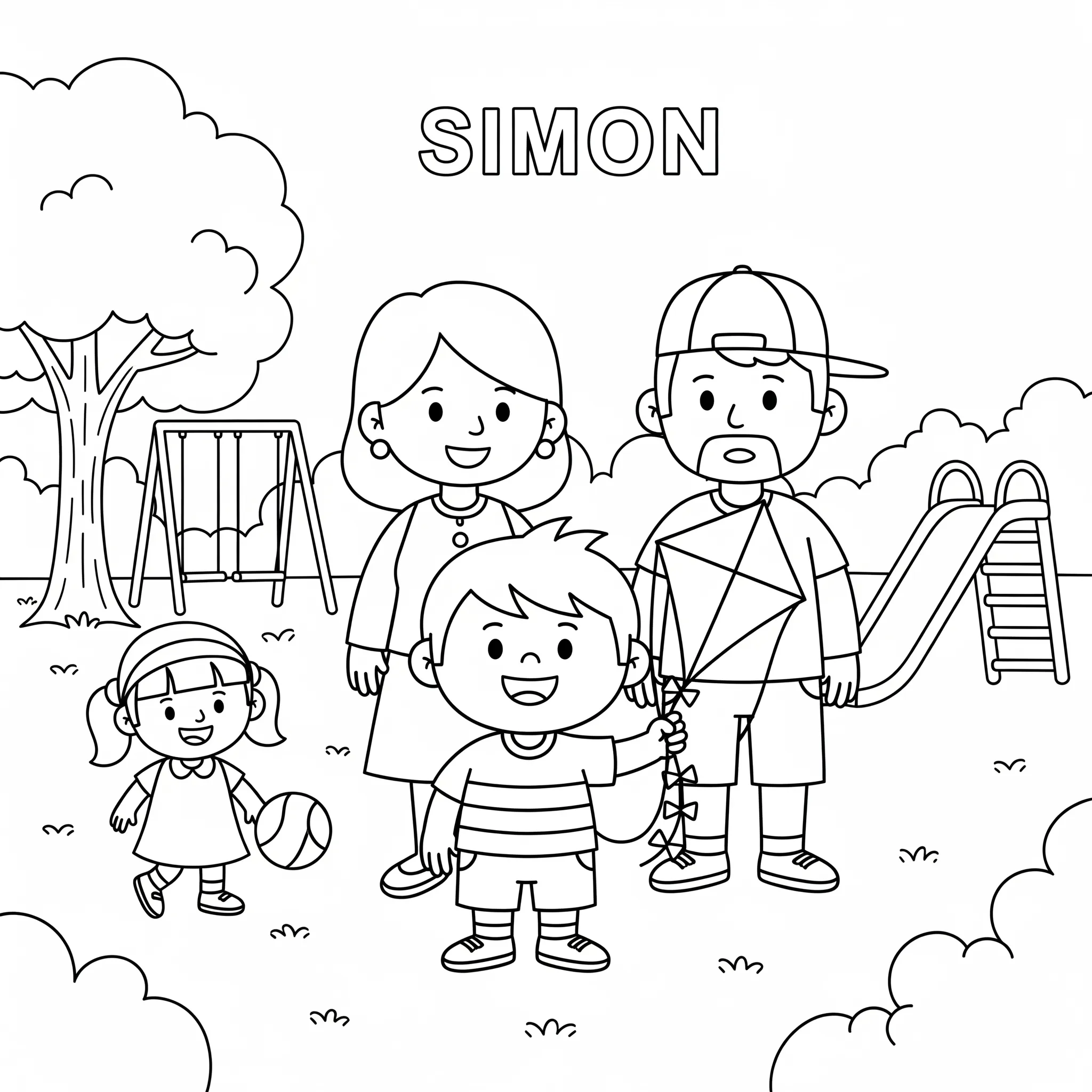coloriage Simon et sa famille au parc pour enfant de 3 ans