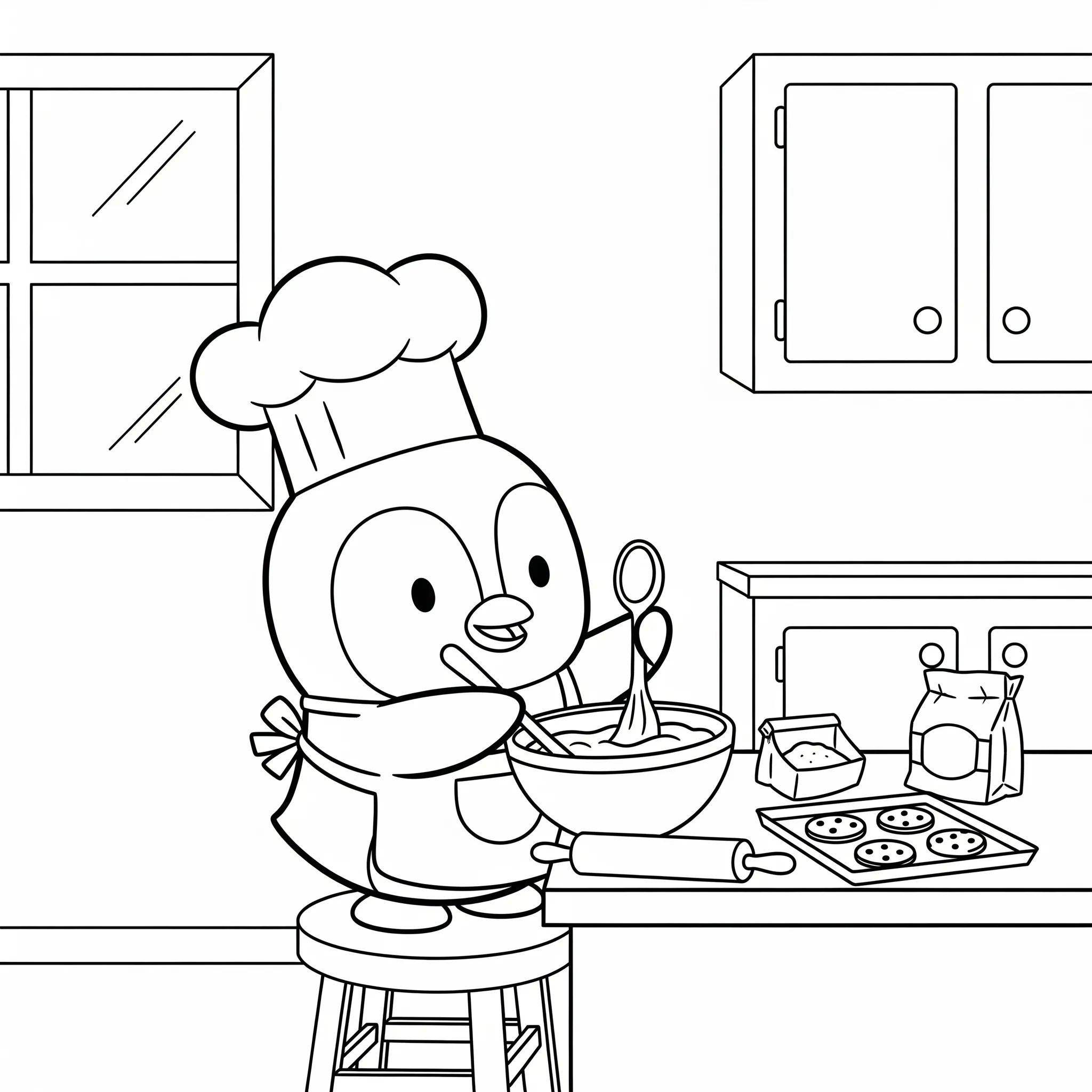 coloriage T’choupi fait de la pâtisserie à imprimer pour enfants