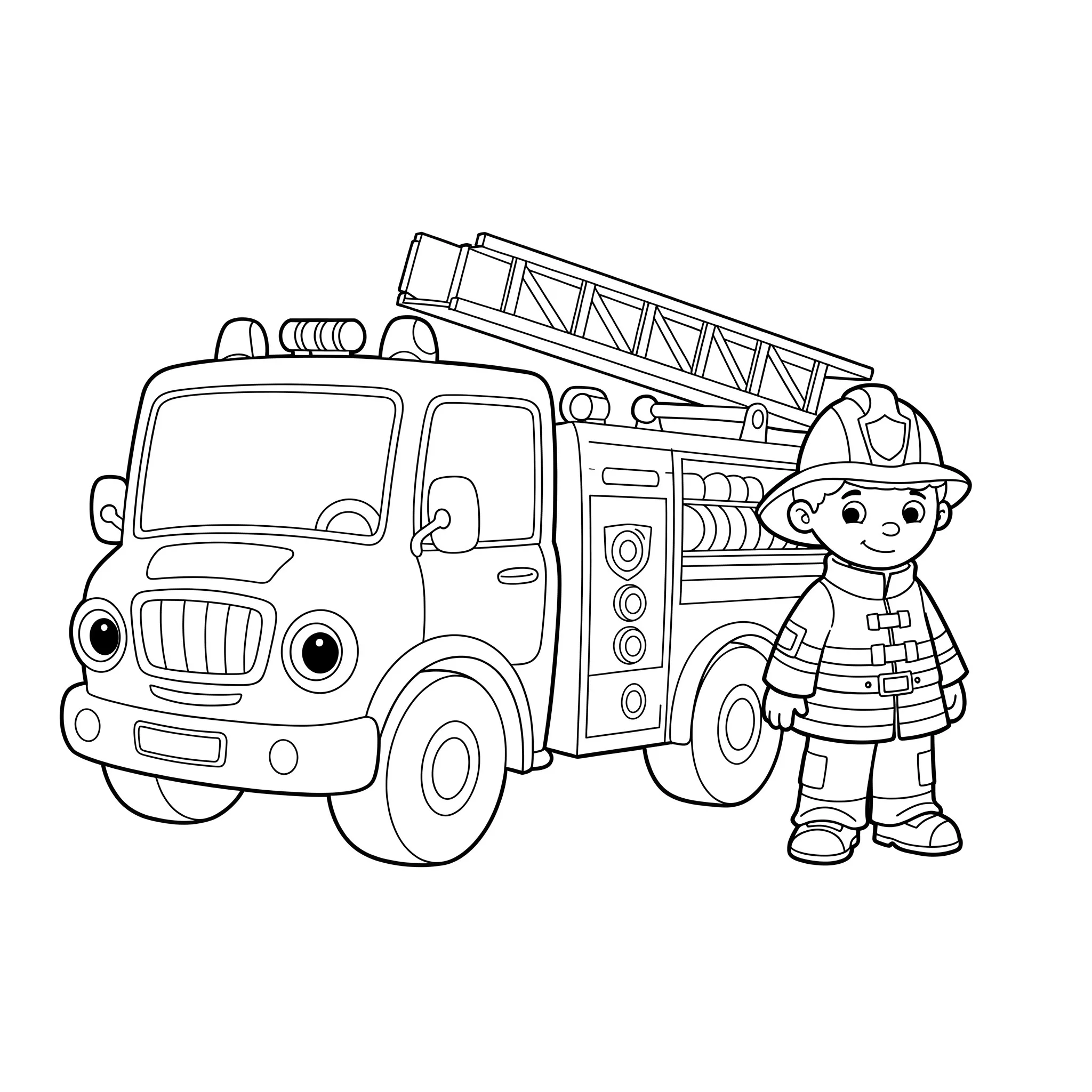 coloriage Un camion de pompier avec un pompier a imprimer pour enfant de 4 ans