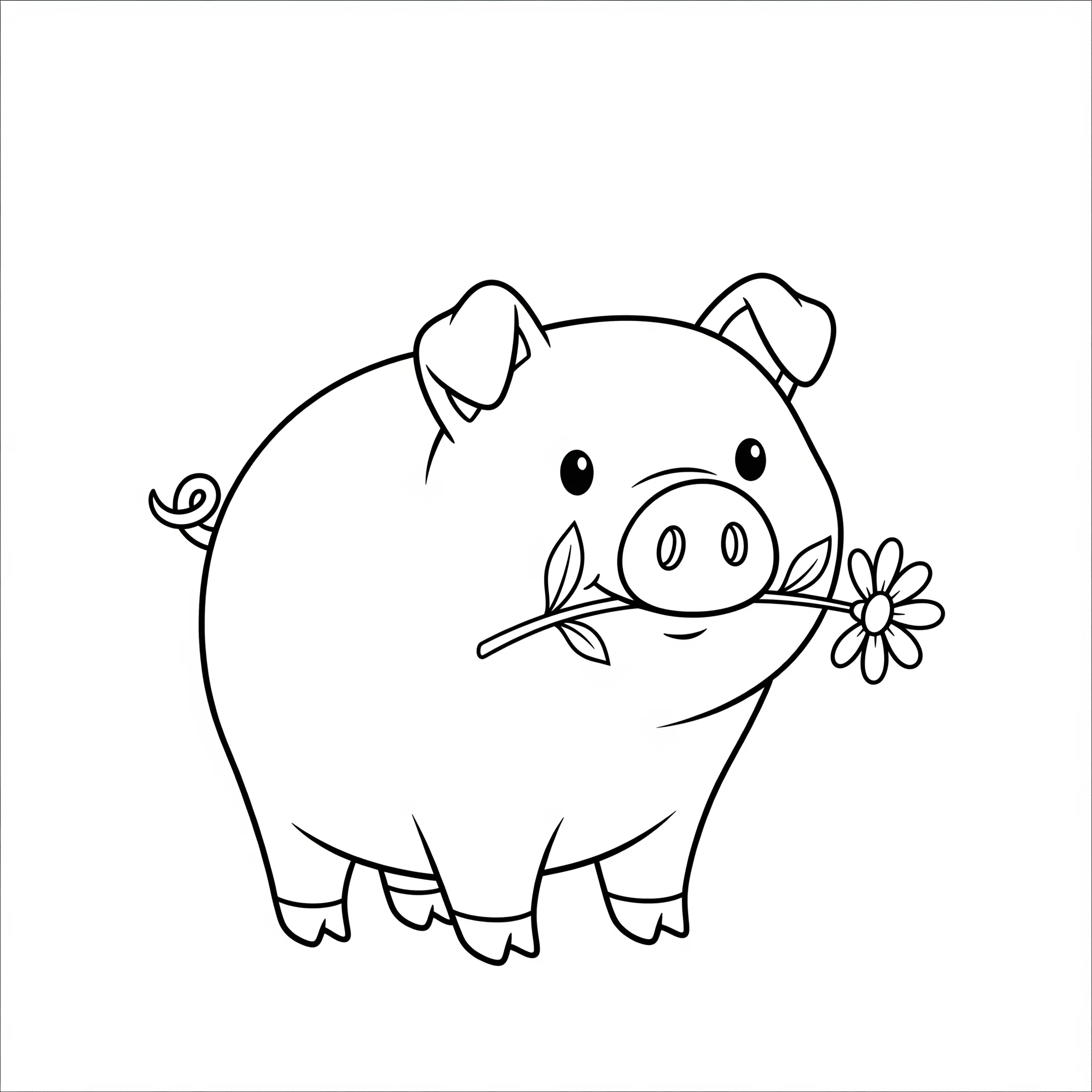 image de coloriage Un cochon avec une fleur pour enfant
