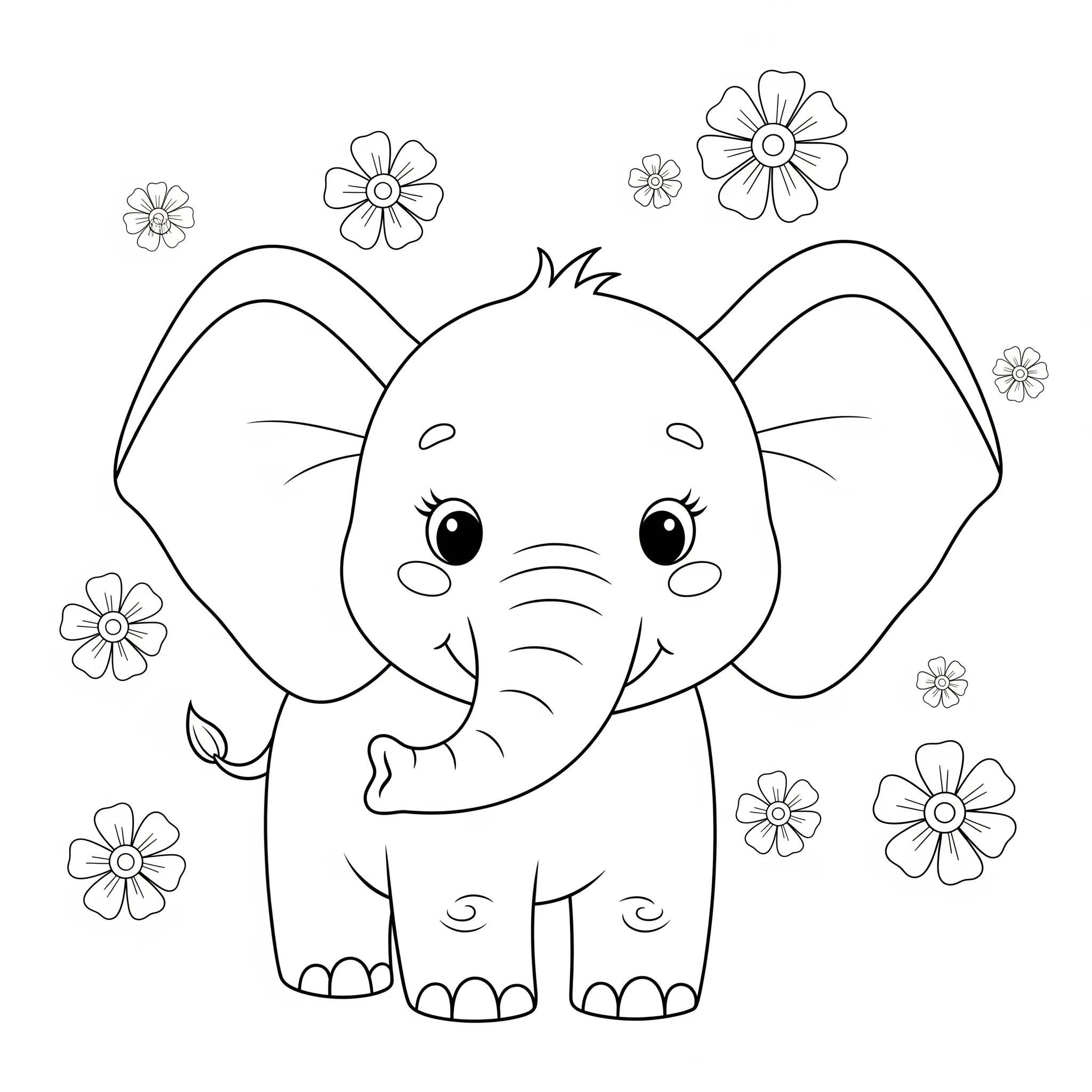 coloriage Un éléphant avec des fleurs pour primaire
