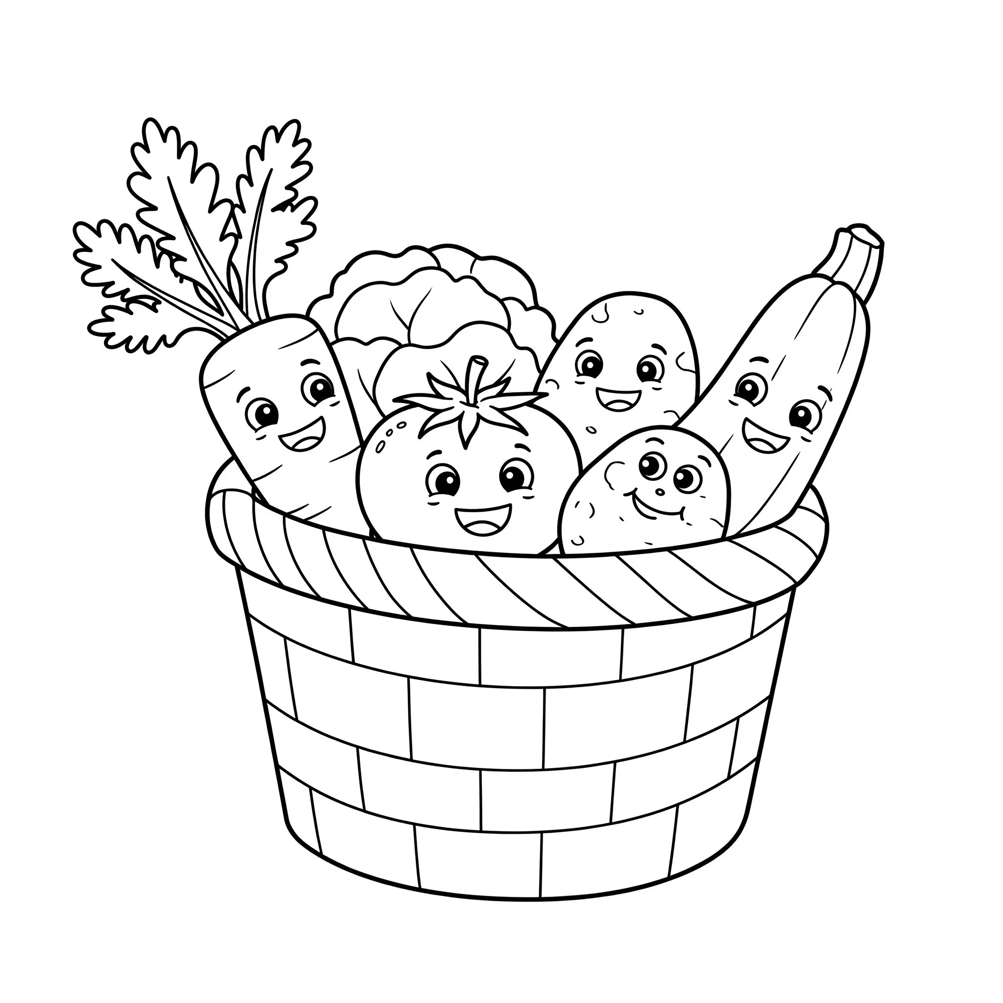 coloriage Un panier de légumes souriants a colorier en ligne gratuitement