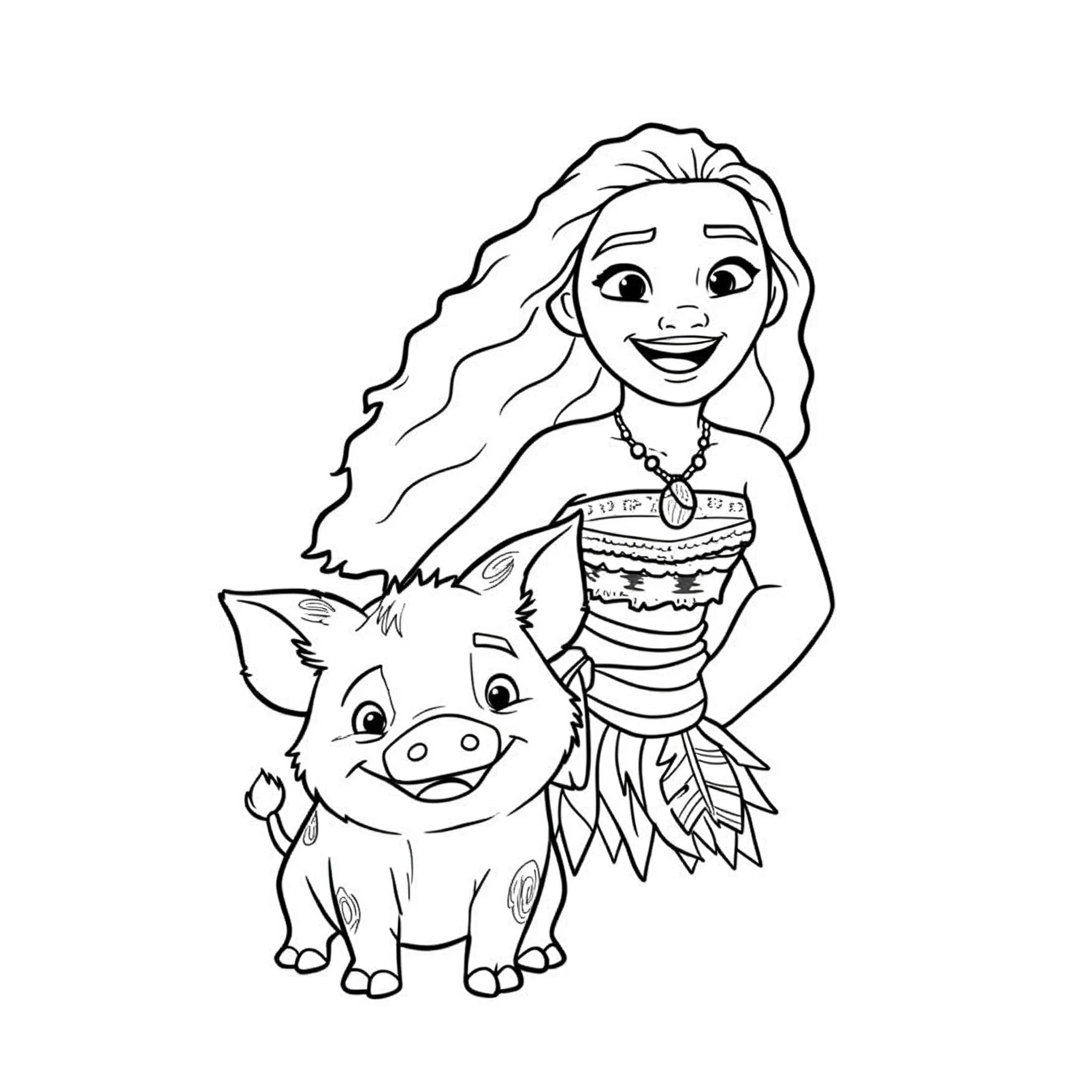 coloriage Vaiana et Pua (le cochon) souriant a imprimer pour enfant de 4 ans