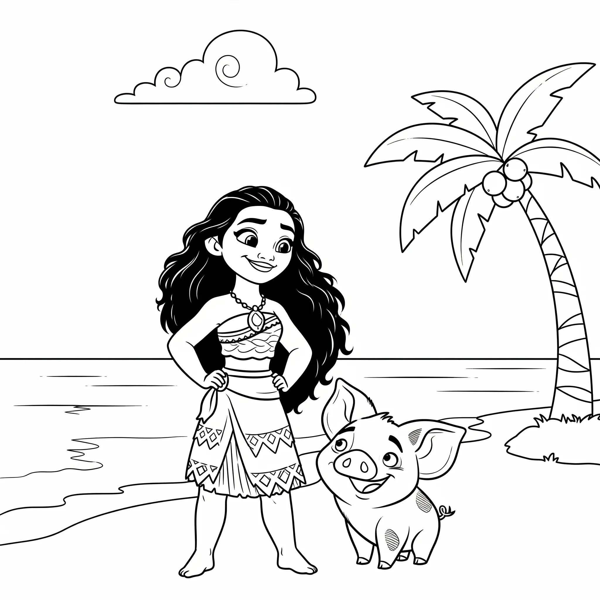 coloriage Vaiana et Pua sur la plage educatif pour enfant
