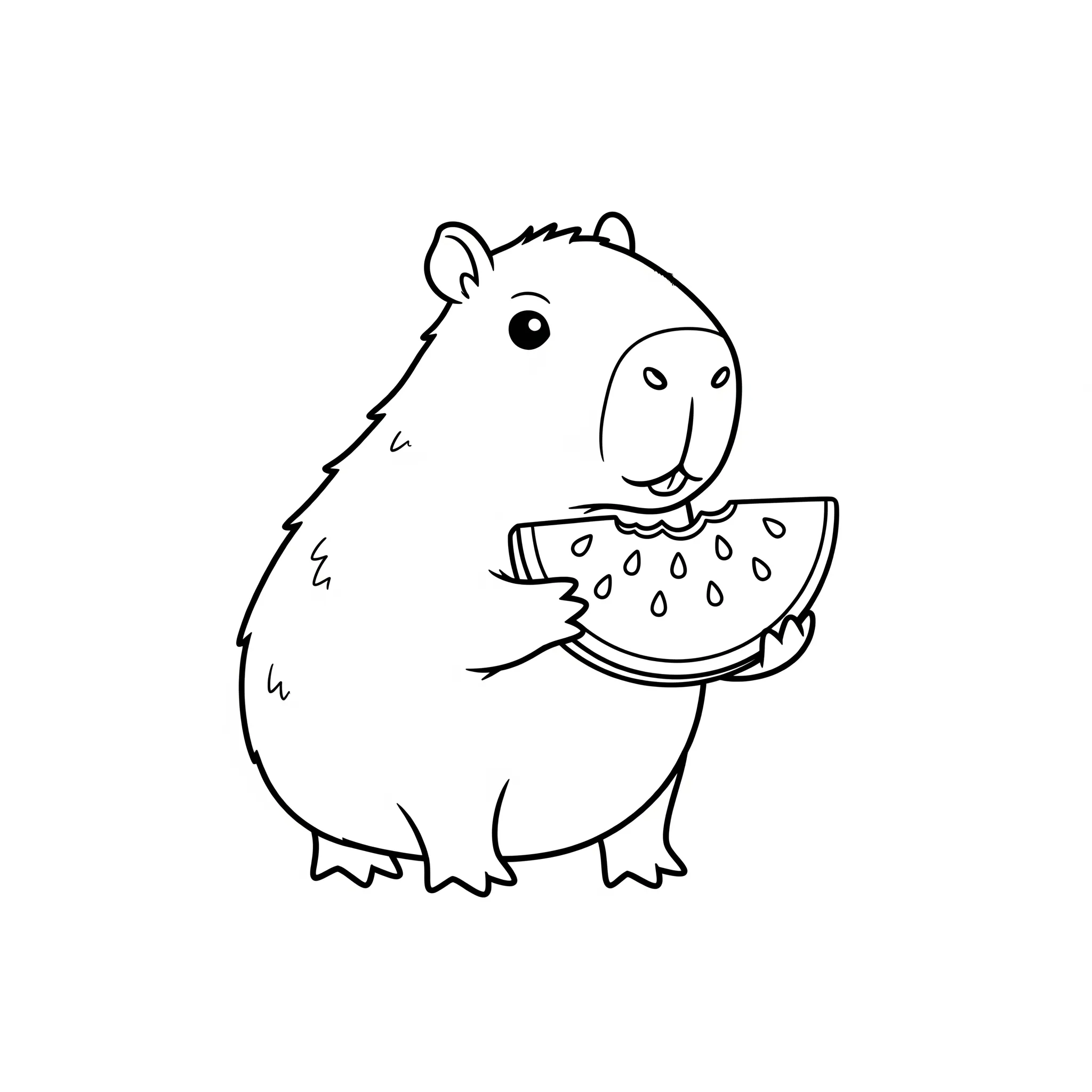 image de coloriage Capybara mangeant une pastèque pour enfant