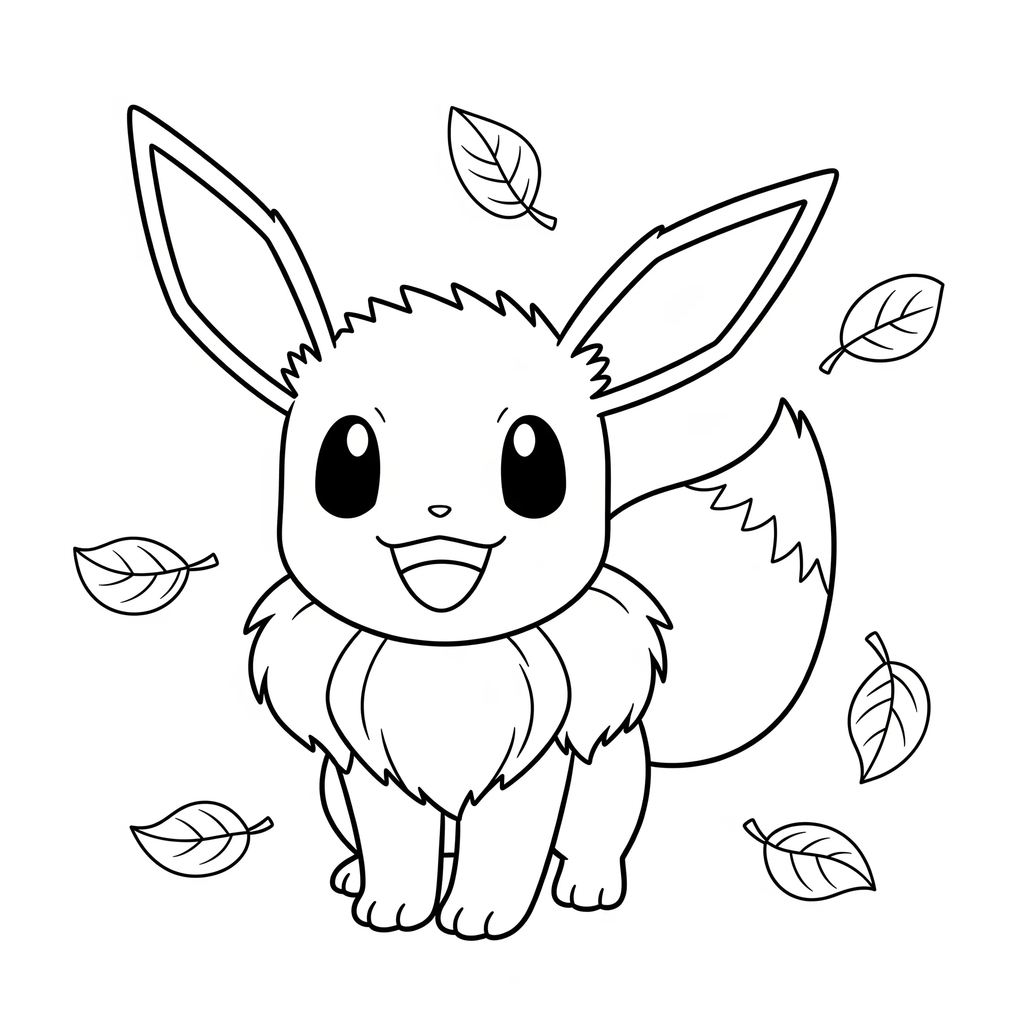 coloriage Évoli souriant avec des feuilles gratuit pour enfants