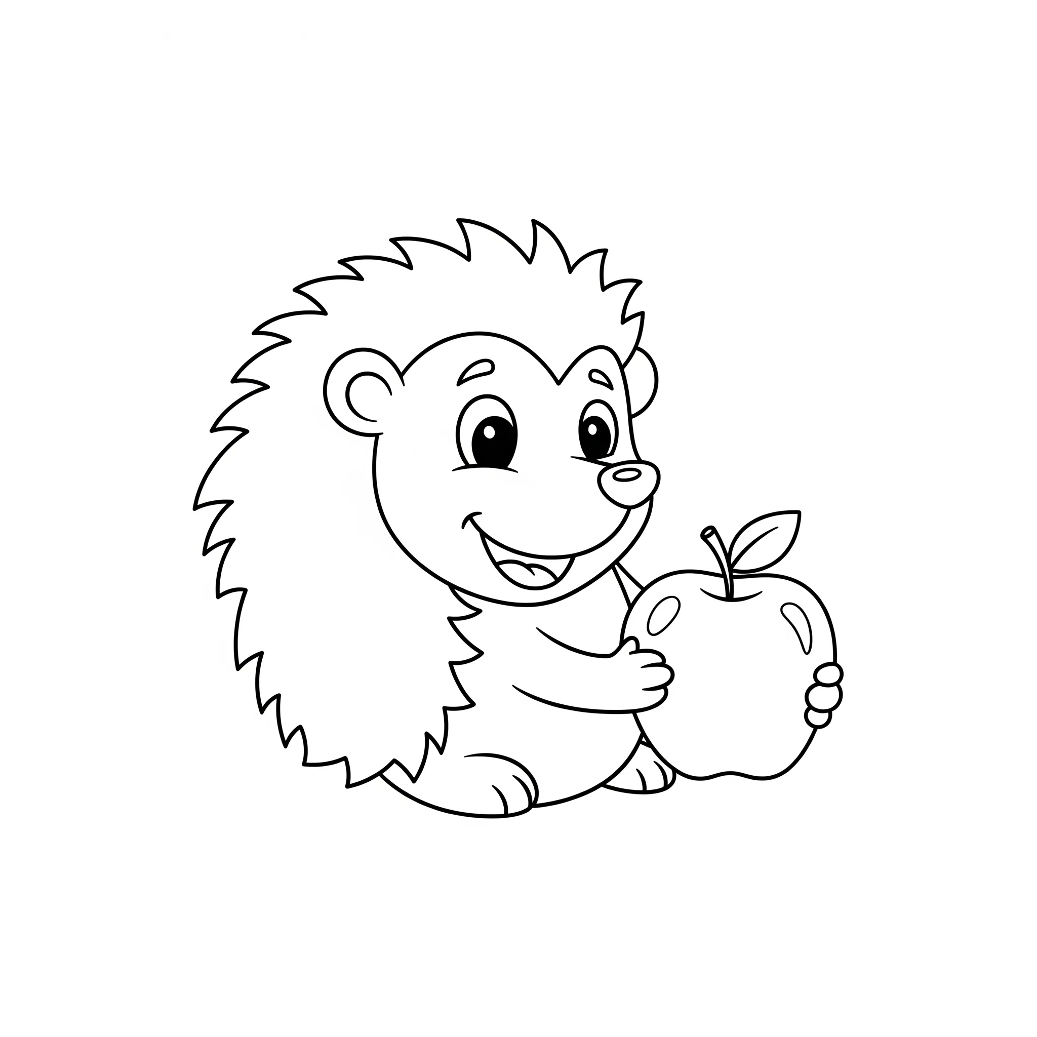 coloriage Hérisson souriant avec une pomme pour enfants a imprimer gratuit