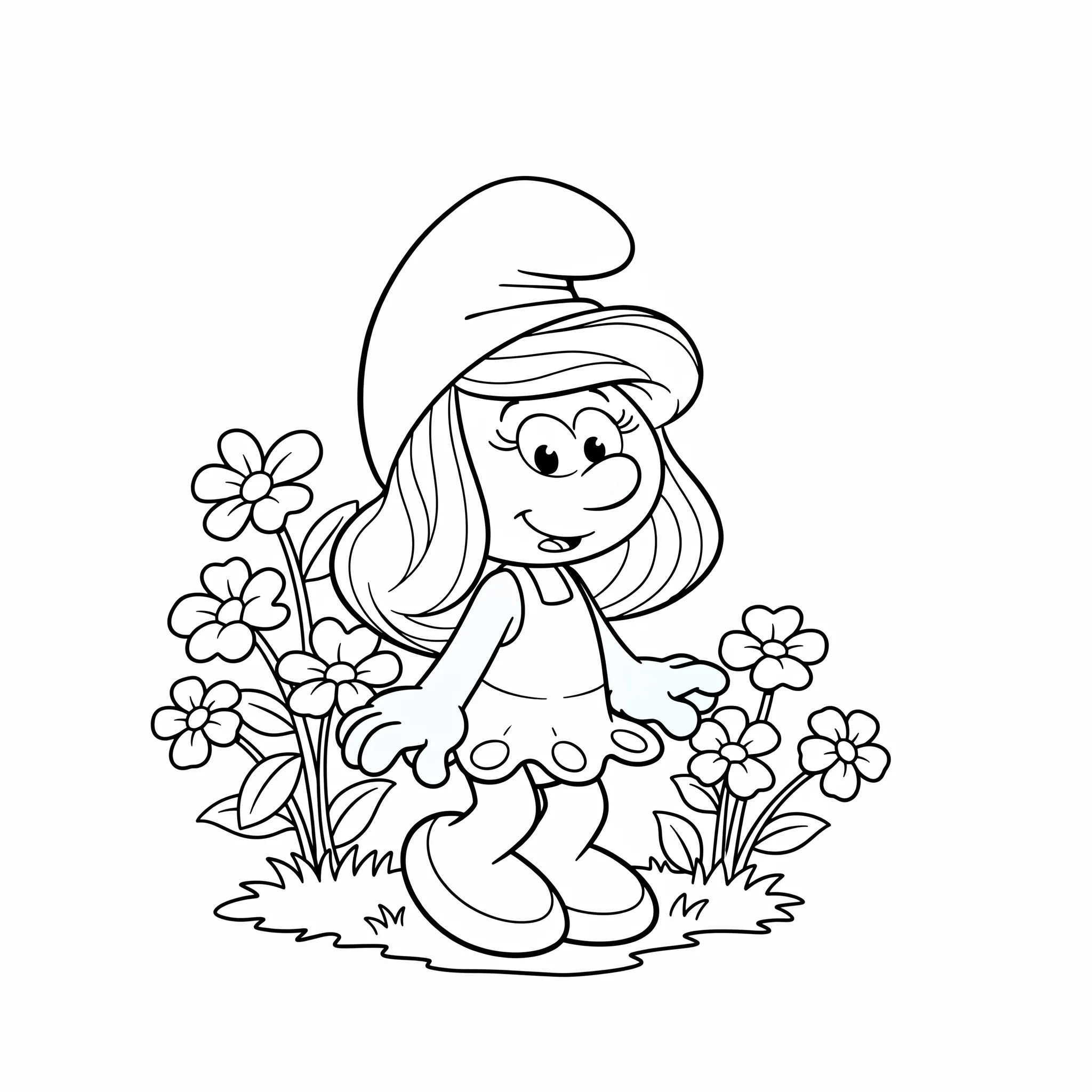 coloriage La Schtroumpfette dans son jardin de fleurs a colorier en ligne