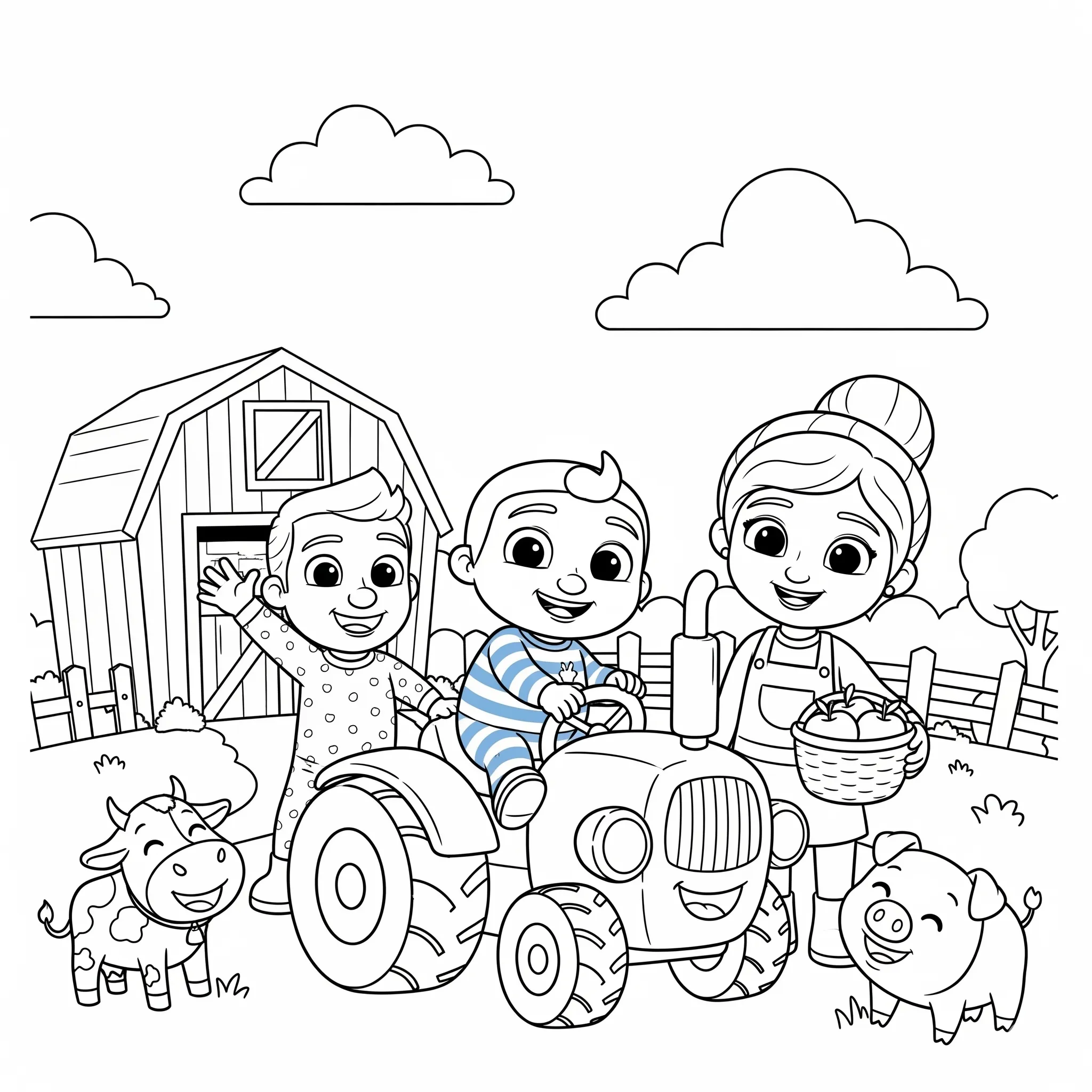 coloriage La famille Cocomelon à la ferme pour enfant gratuit