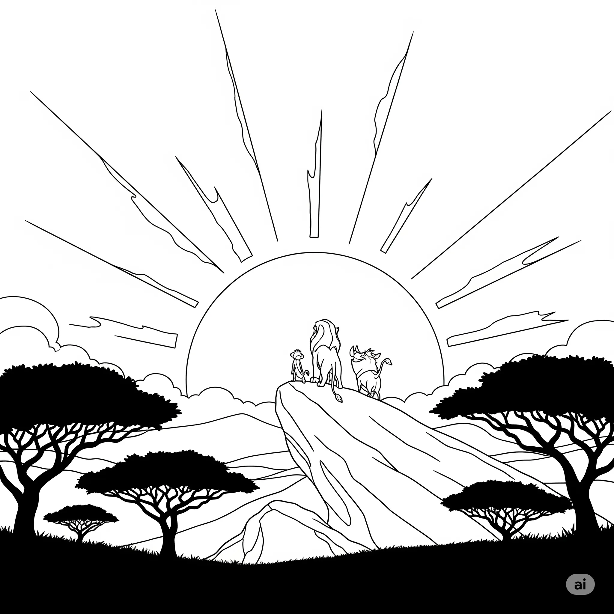 coloriage Le Coucher de Soleil sur la Terre des Lions à imprimer pour enfants