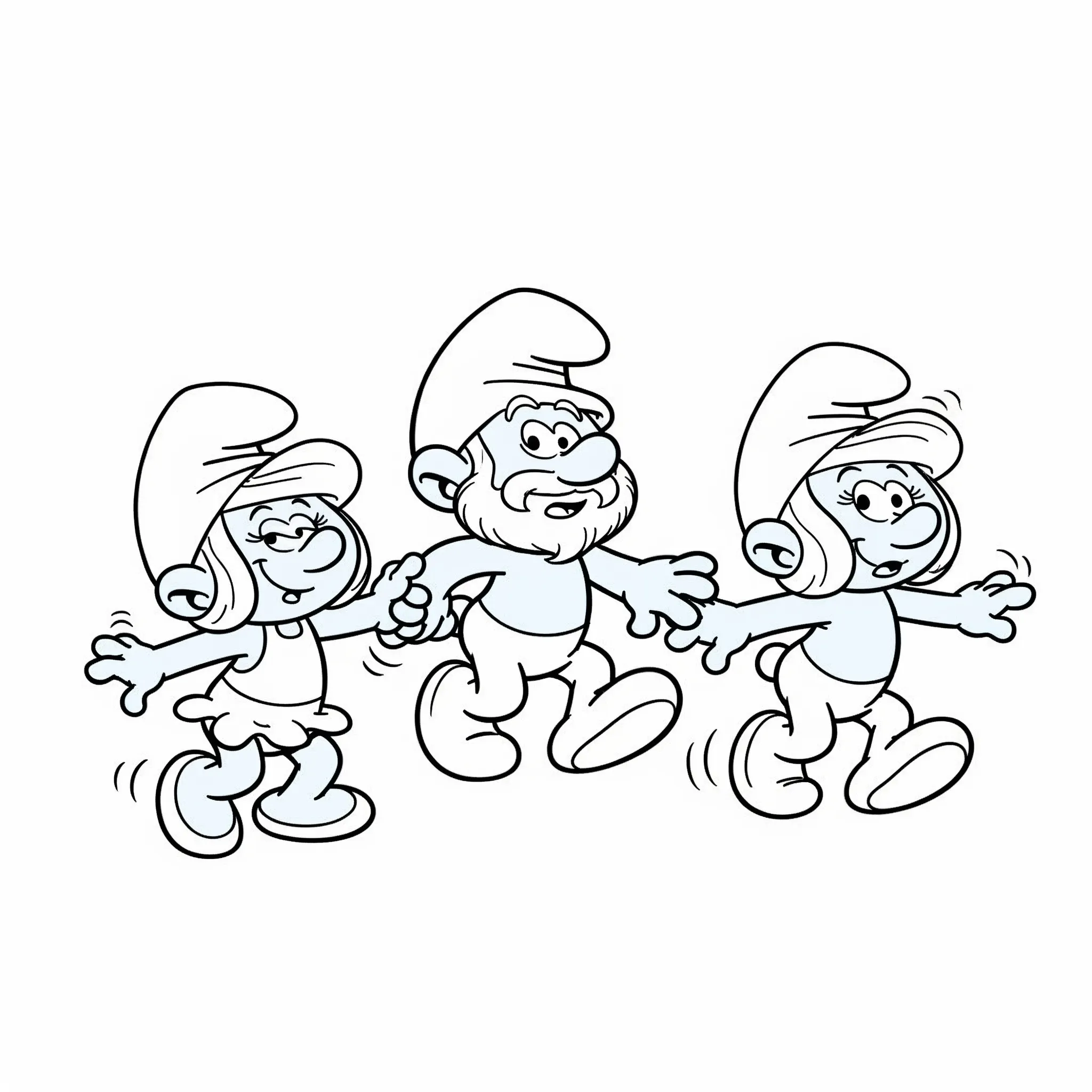 coloriage Le Grand Schtroumpf et les Schtroumpfs dansant d'enfant a imprimer