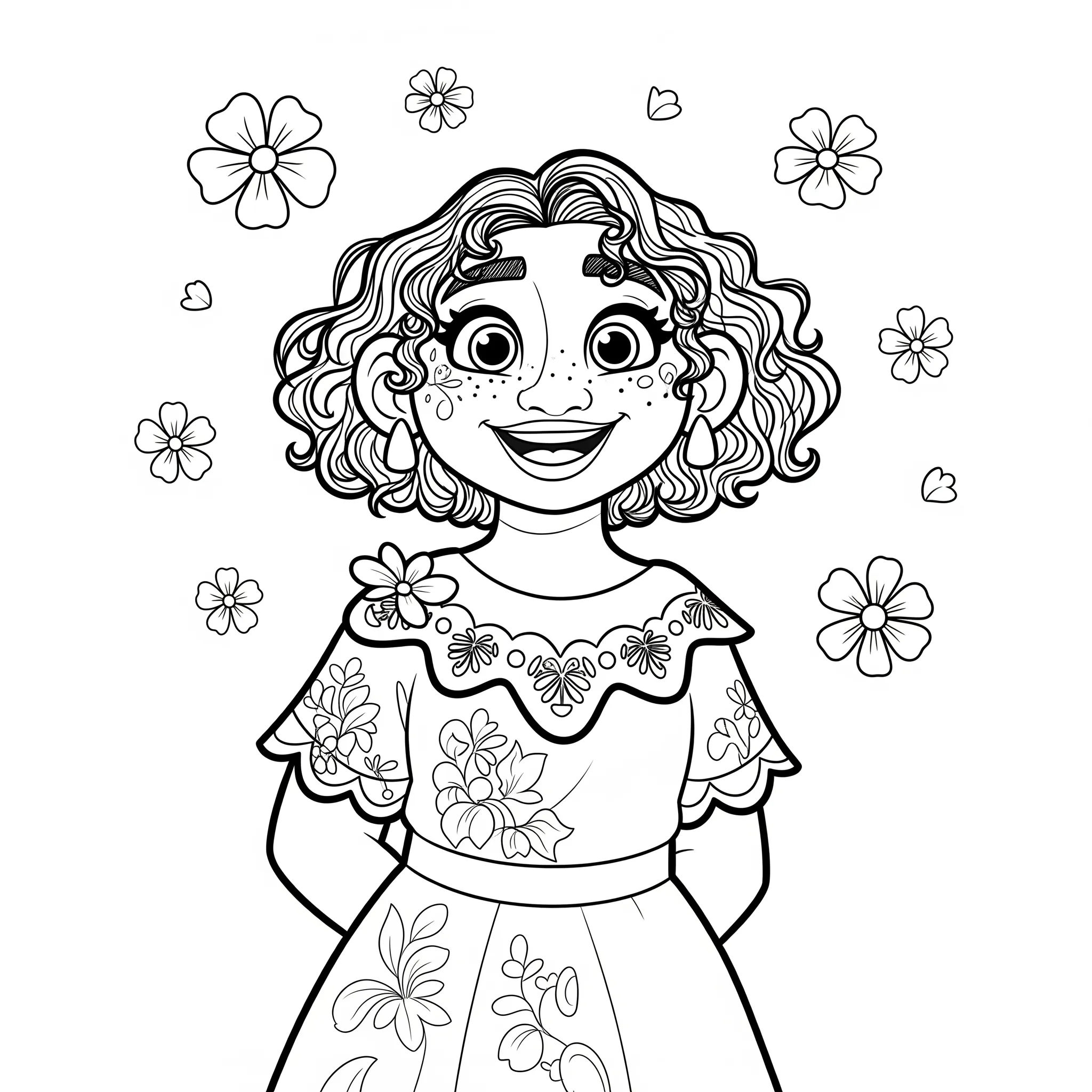 coloriage Mirabel souriante avec des fleurs à imprimer pour enfant de 8 ans