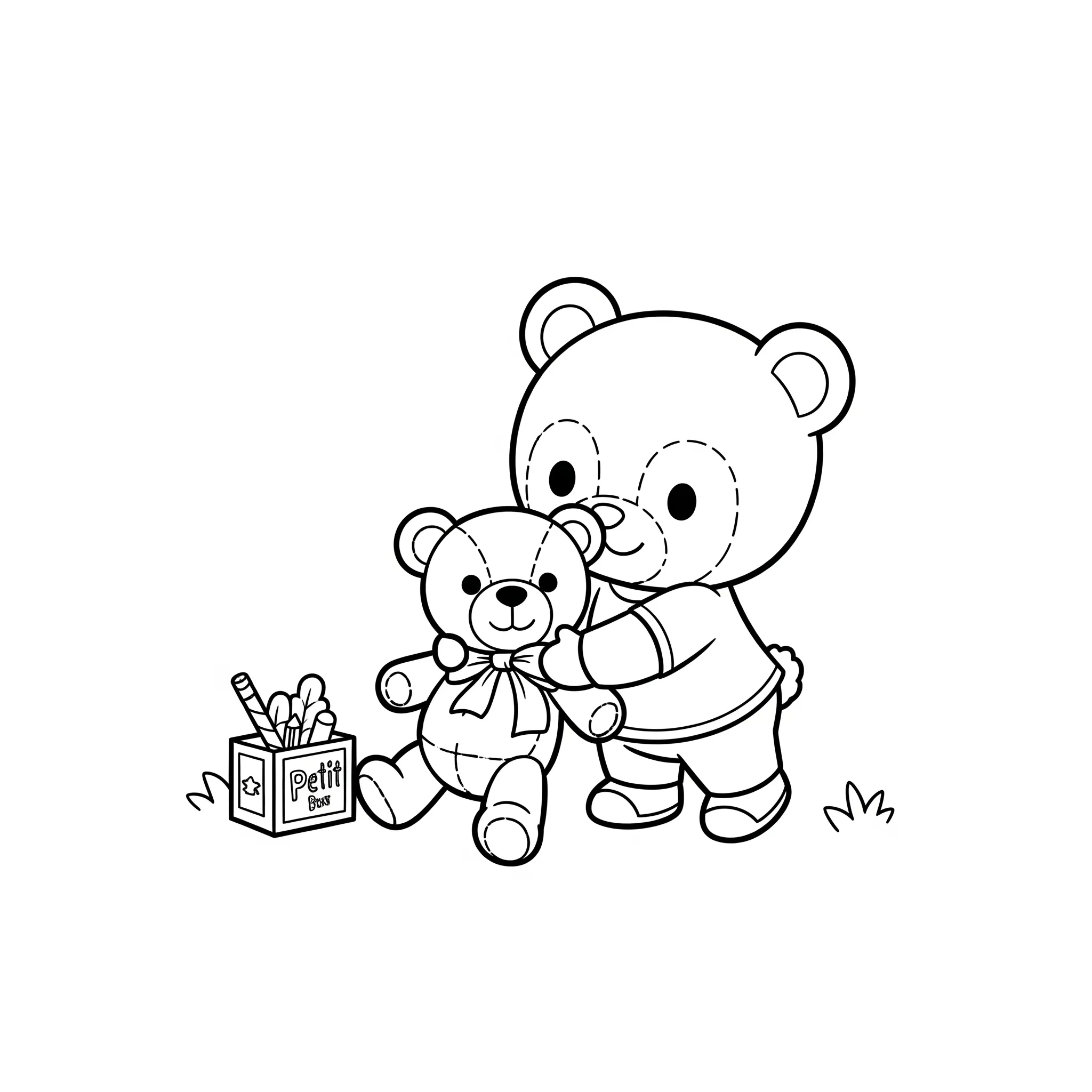 coloriage Petit Ours Brun joue avec son doudou à imprimer