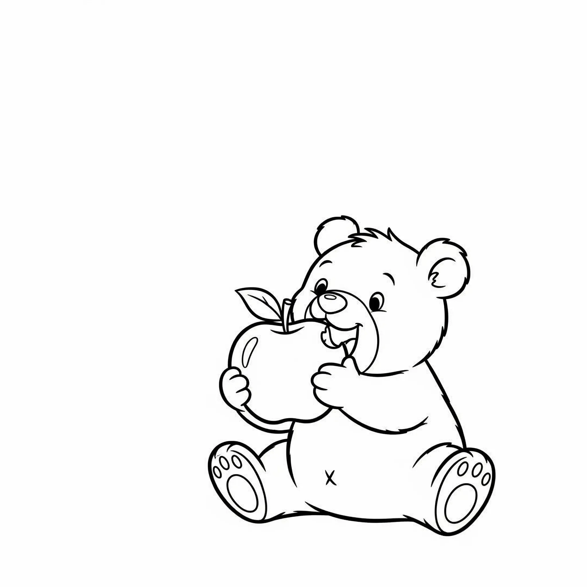 coloriage Petit Ours Brun mange sa pomme pour enfants a imprimer
