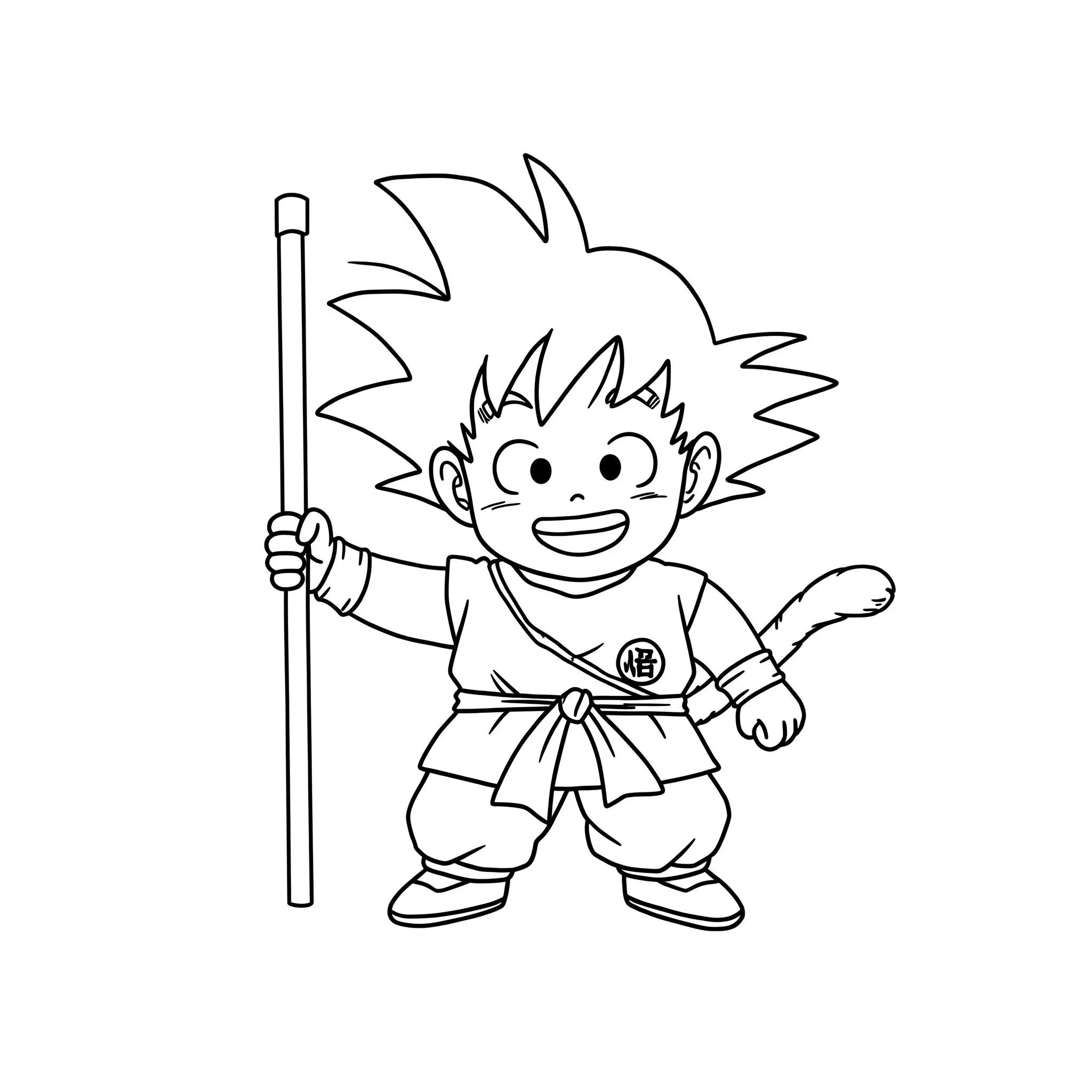 coloriage Sangoku souriant avec son bâton magique pour enfants à télécharger