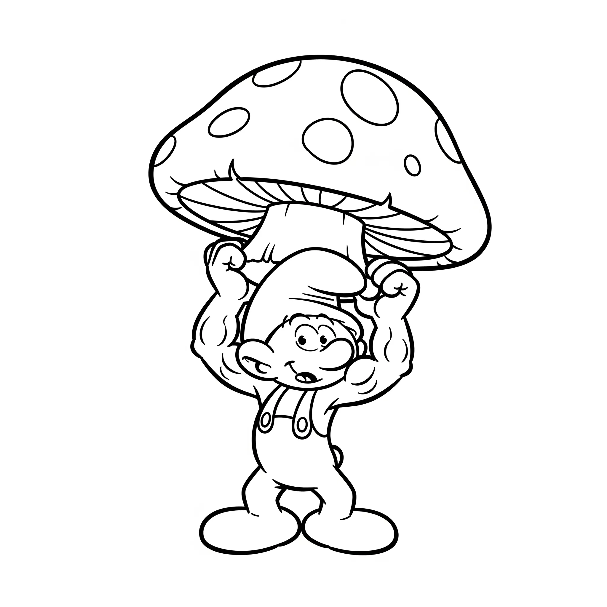 coloriage Schtroumpf costaud soulevant un champignon et decoupage