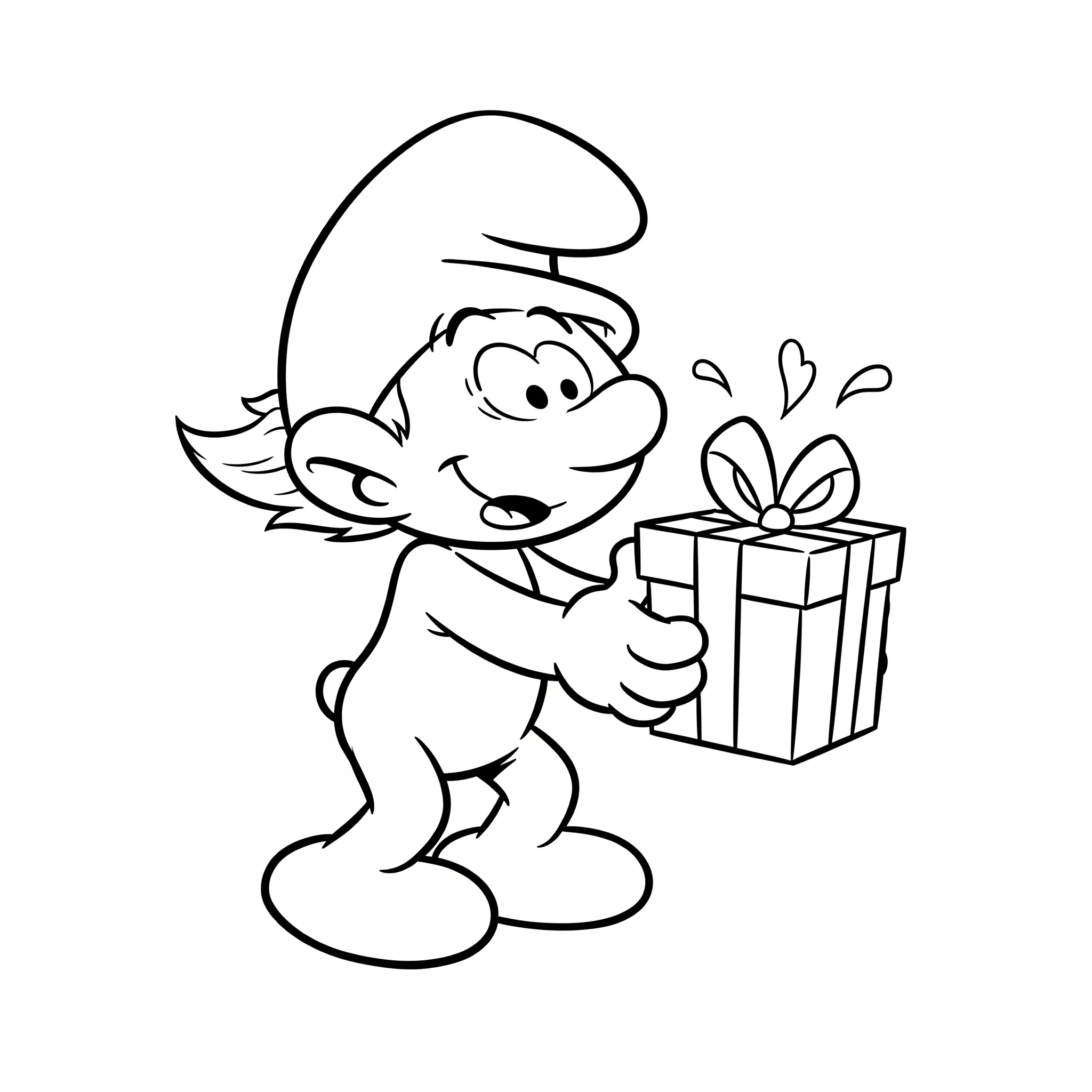 coloriage Schtroumpf farceur avec un cadeau surprise à imprimer pour enfant de 10 ans