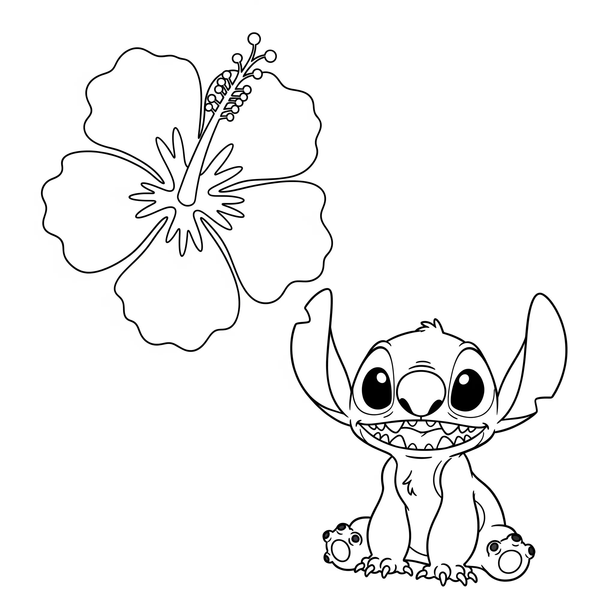 coloriage Stitch et la fleur d’hibiscus à imprimer pour enfant de 9 ans