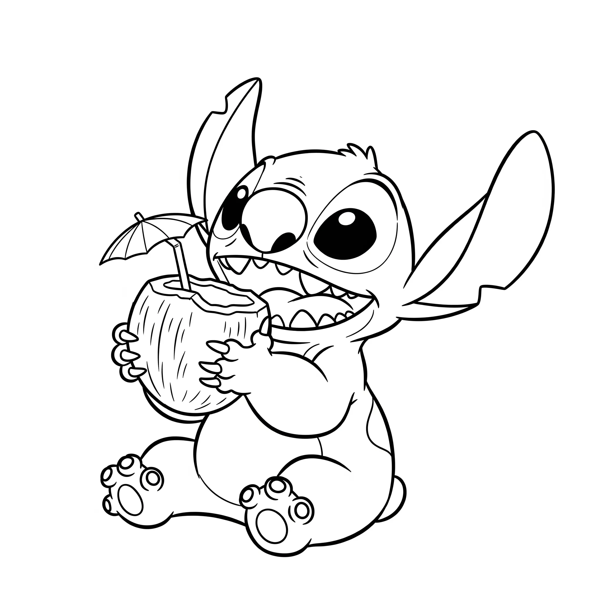 imprimer coloriage Stitch mangeant une noix de coco gratuit