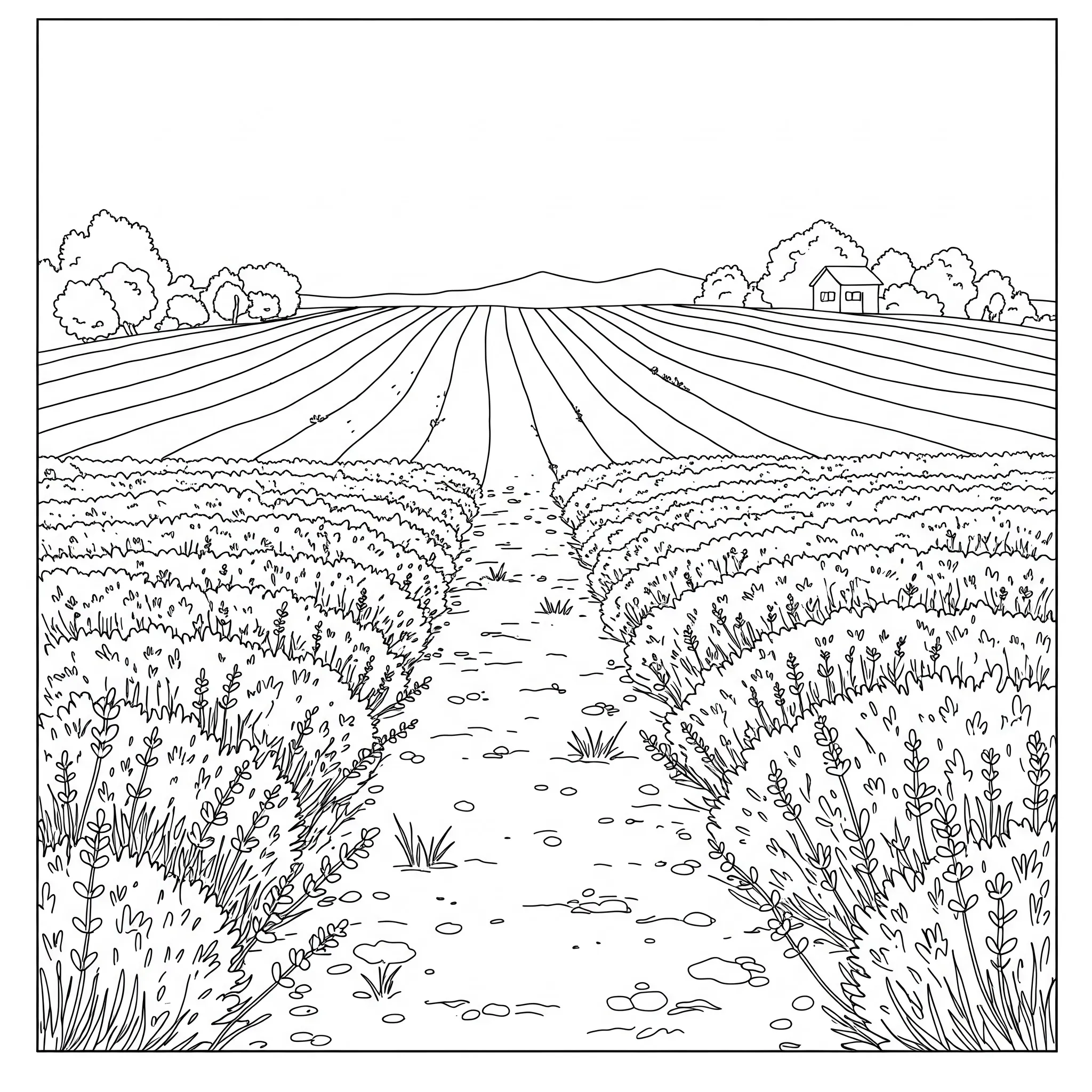 coloriage Un champ de lavande en Provence pour enfant de 8 ans