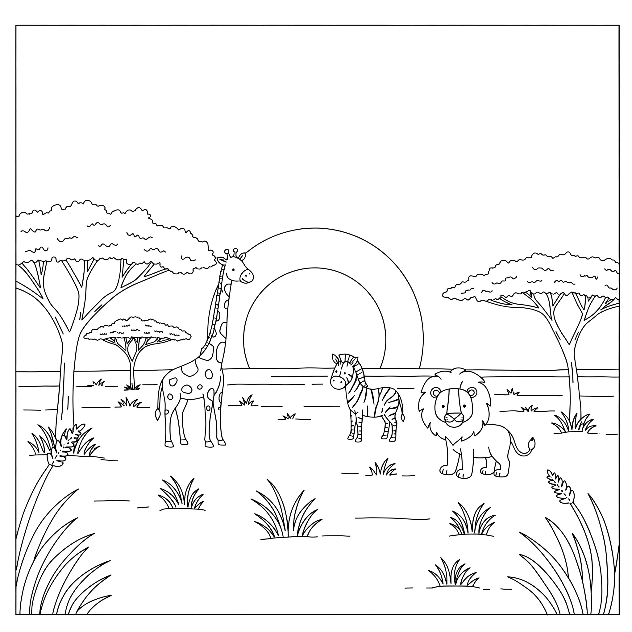 coloriage Un coucher de soleil sur la savane a imprimer gratuitement